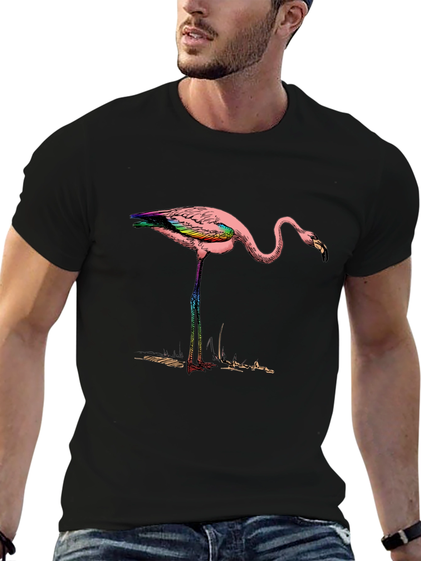 Flamingo Graphic Tee - Mens Black Cotton Shirt