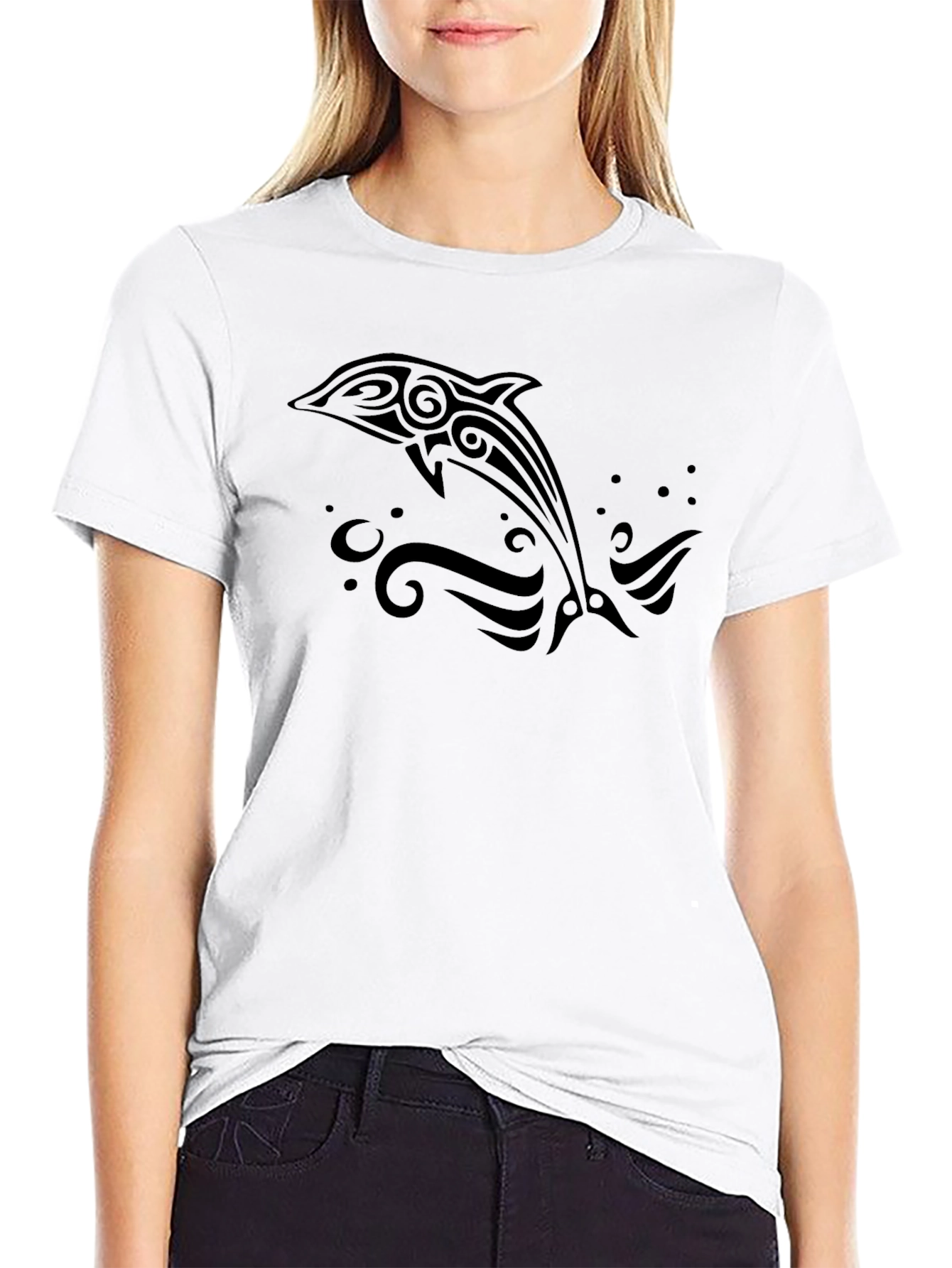 Tribal Dolphin Graphic Tee - Black Short Sleeve