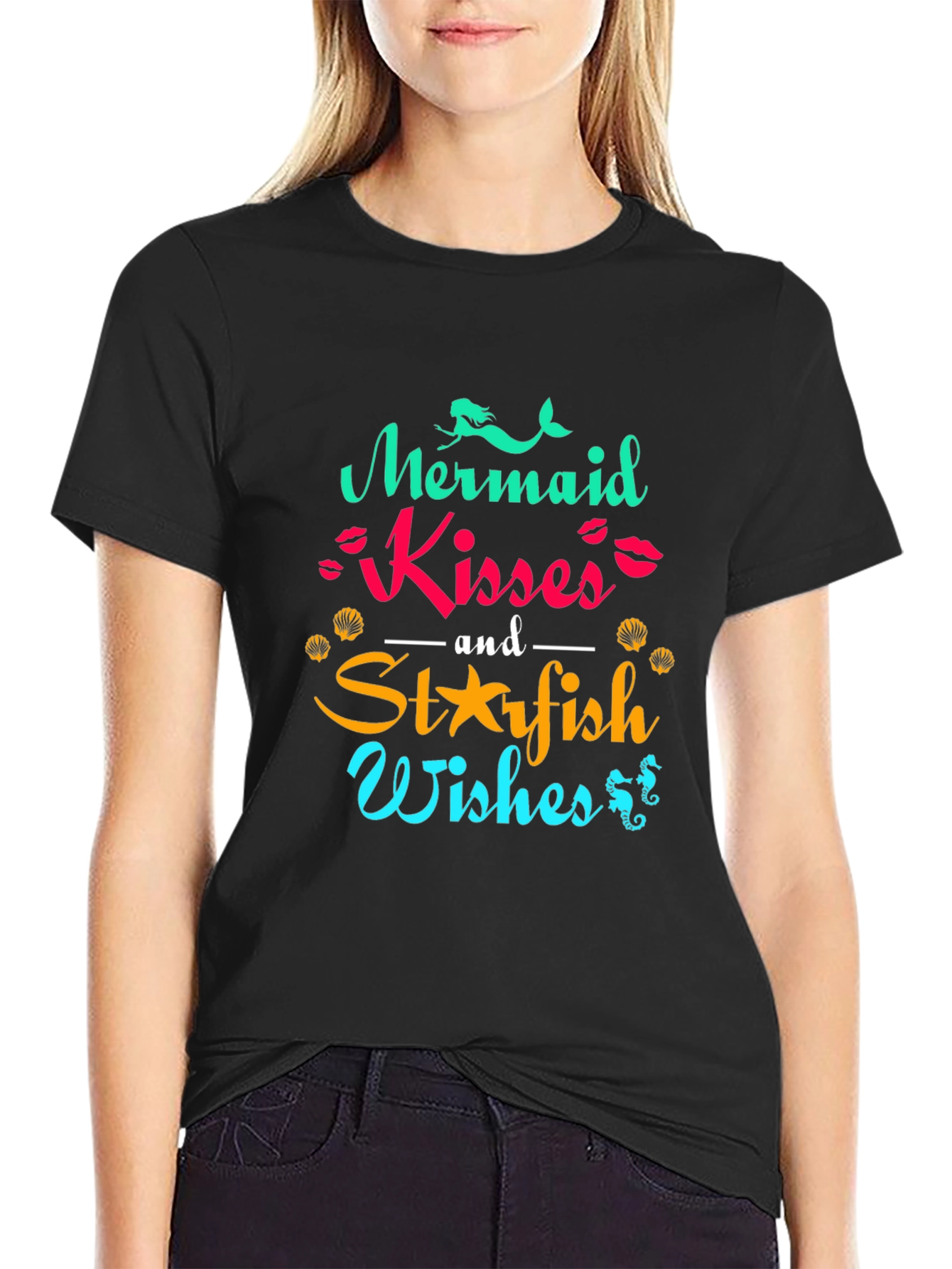 Mermaid Kisses & Starfish Wishes Black T-Shirt