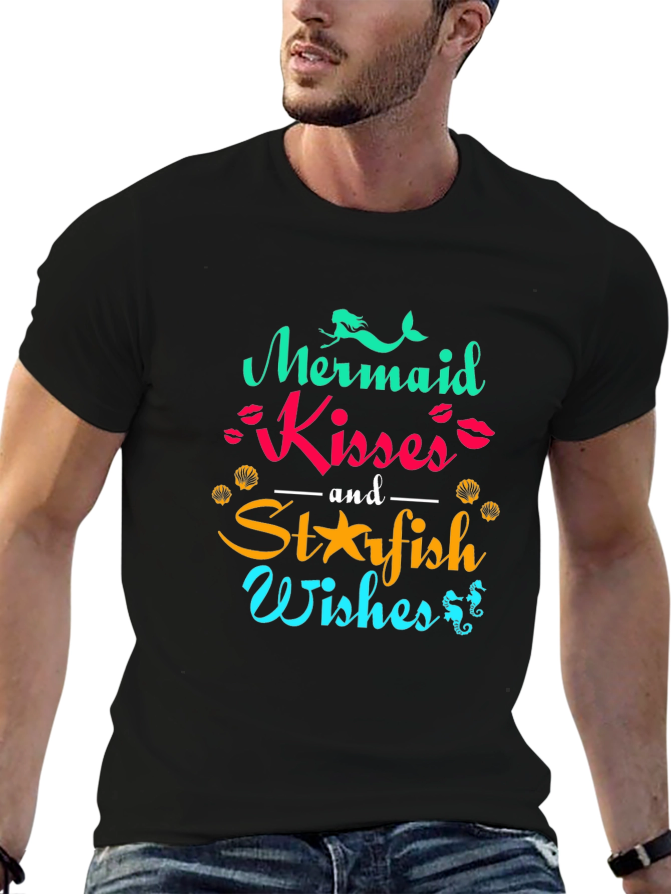 Mermaid Kisses & Starfish Wishes Black T-Shirt