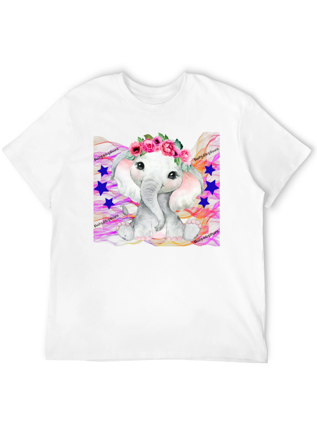 Cute Baby Elephant Floral Wreath Black T-Shirt