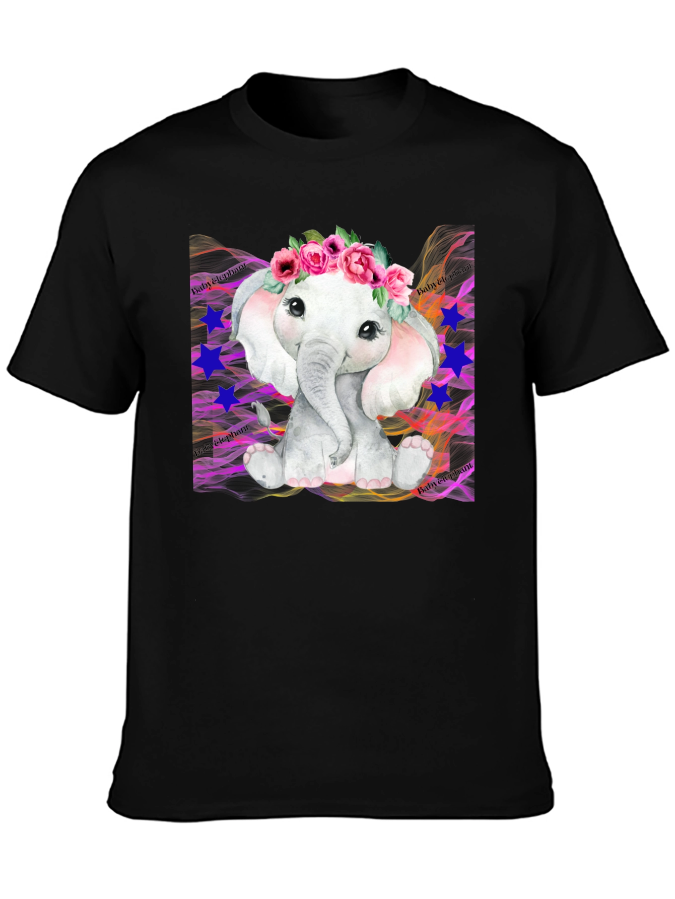 Cute Baby Elephant Floral Wreath Black T-Shirt