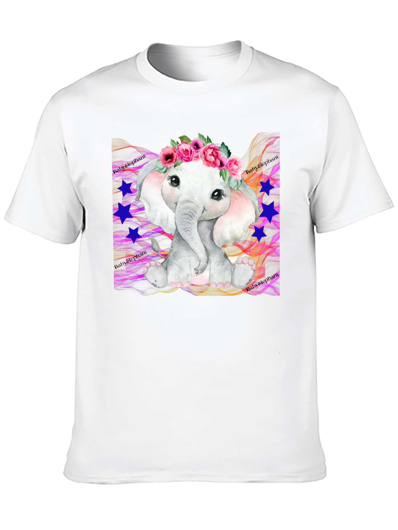 Cute Baby Elephant Floral Wreath Black T-Shirt