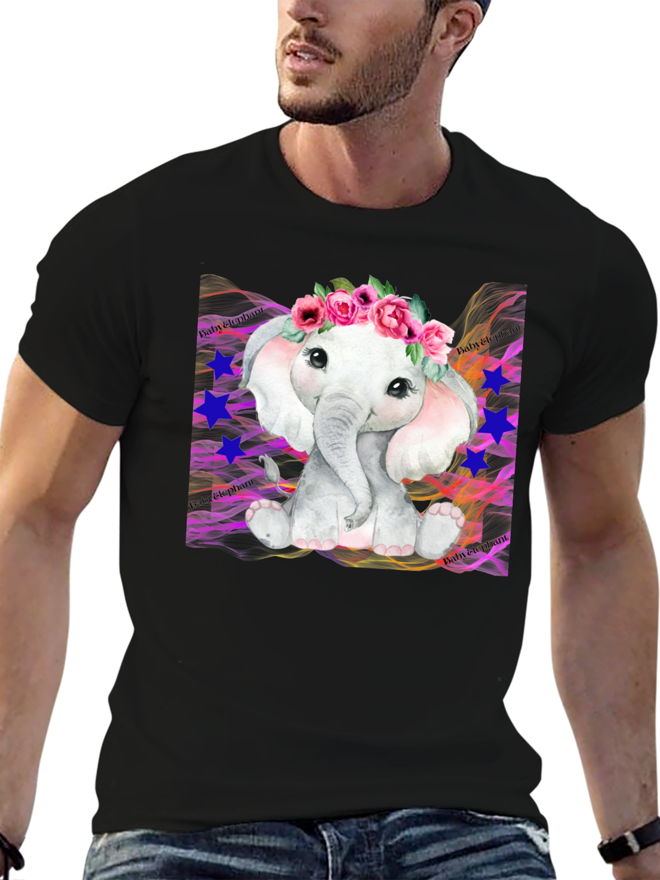 Cute Baby Elephant Floral Wreath Black T-Shirt