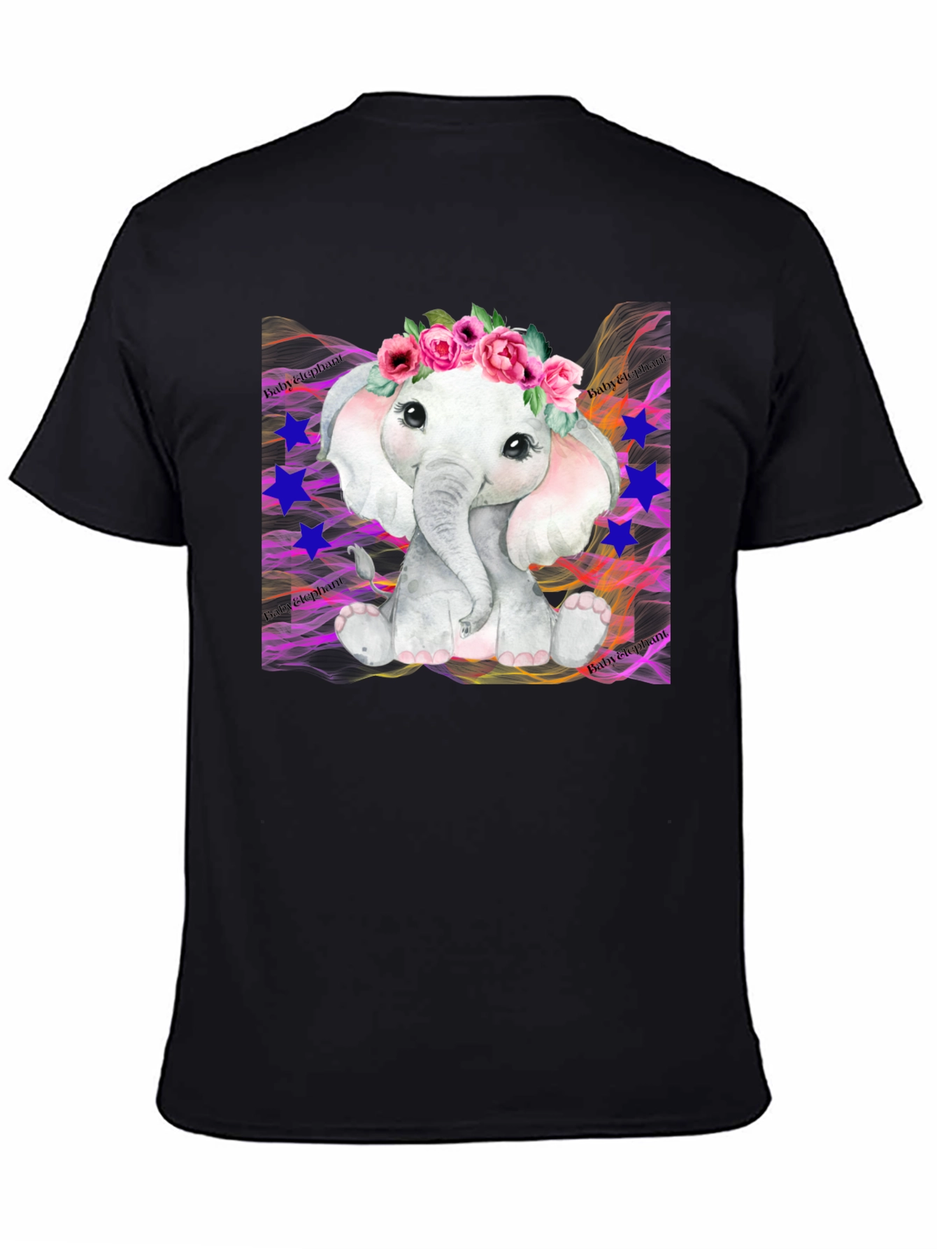 Cute Baby Elephant Floral Wreath Black T-Shirt