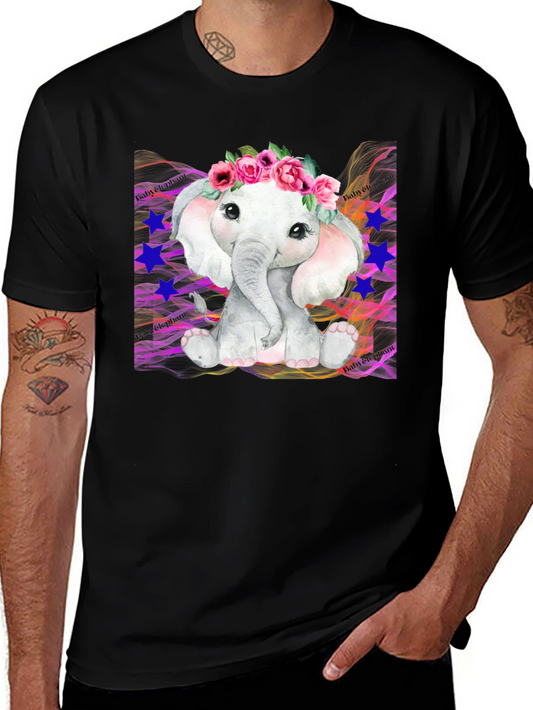 Cute Baby Elephant Floral Wreath Black T-Shirt