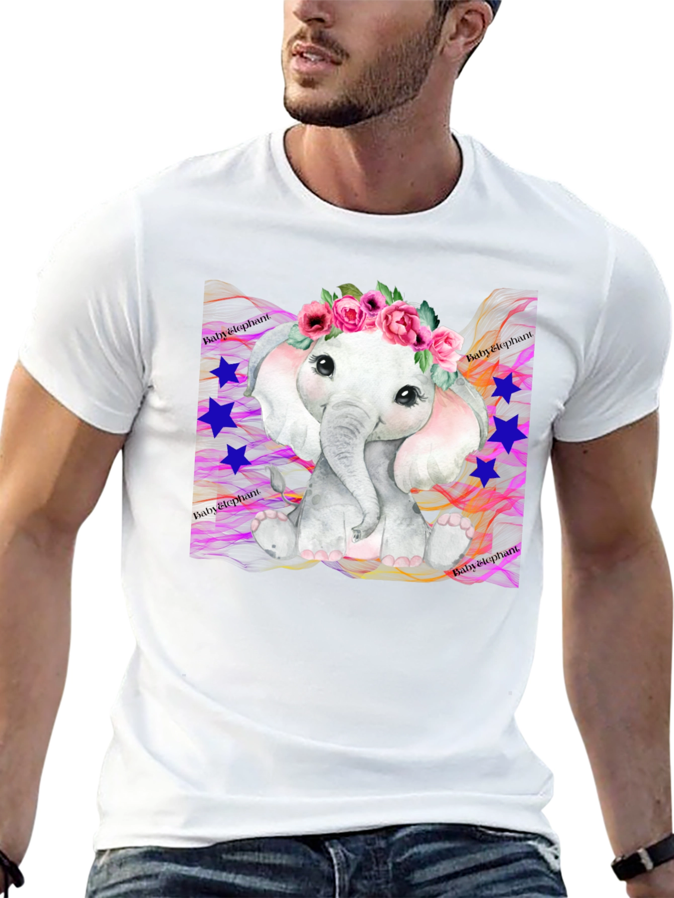 Cute Baby Elephant Floral Wreath Black T-Shirt