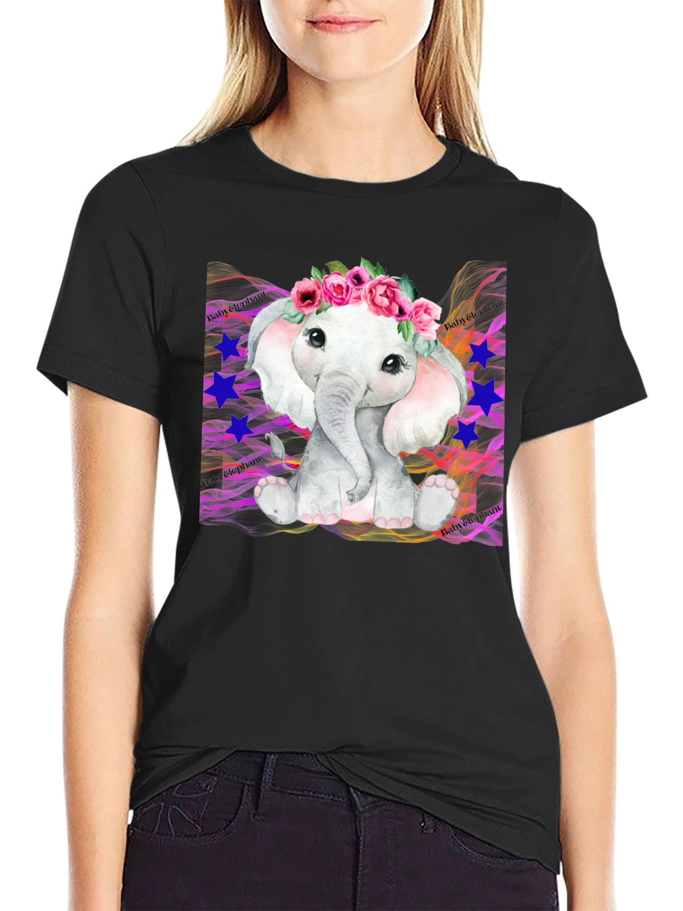Cute Baby Elephant Floral Wreath Black T-Shirt