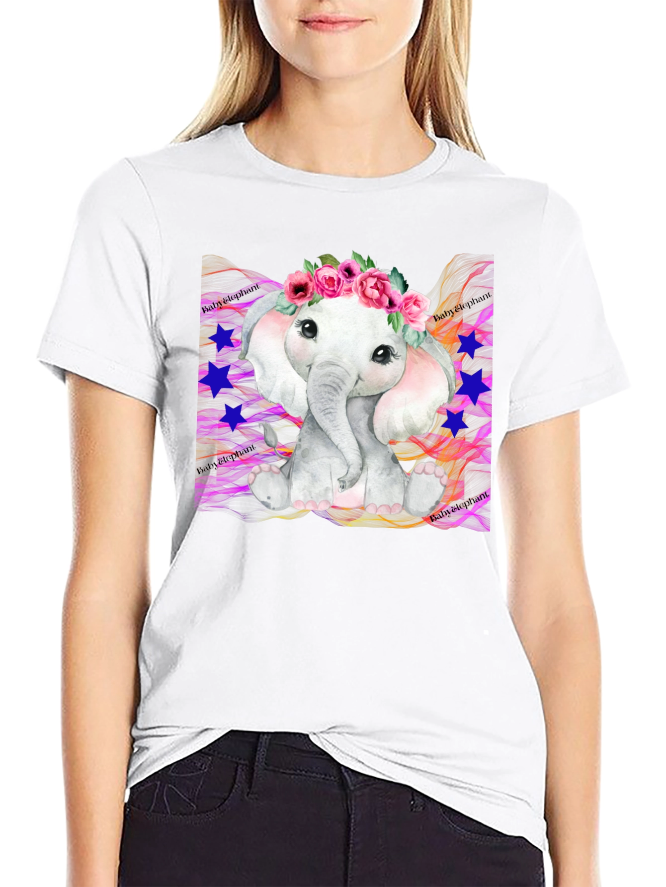 Cute Baby Elephant Floral Wreath Black T-Shirt