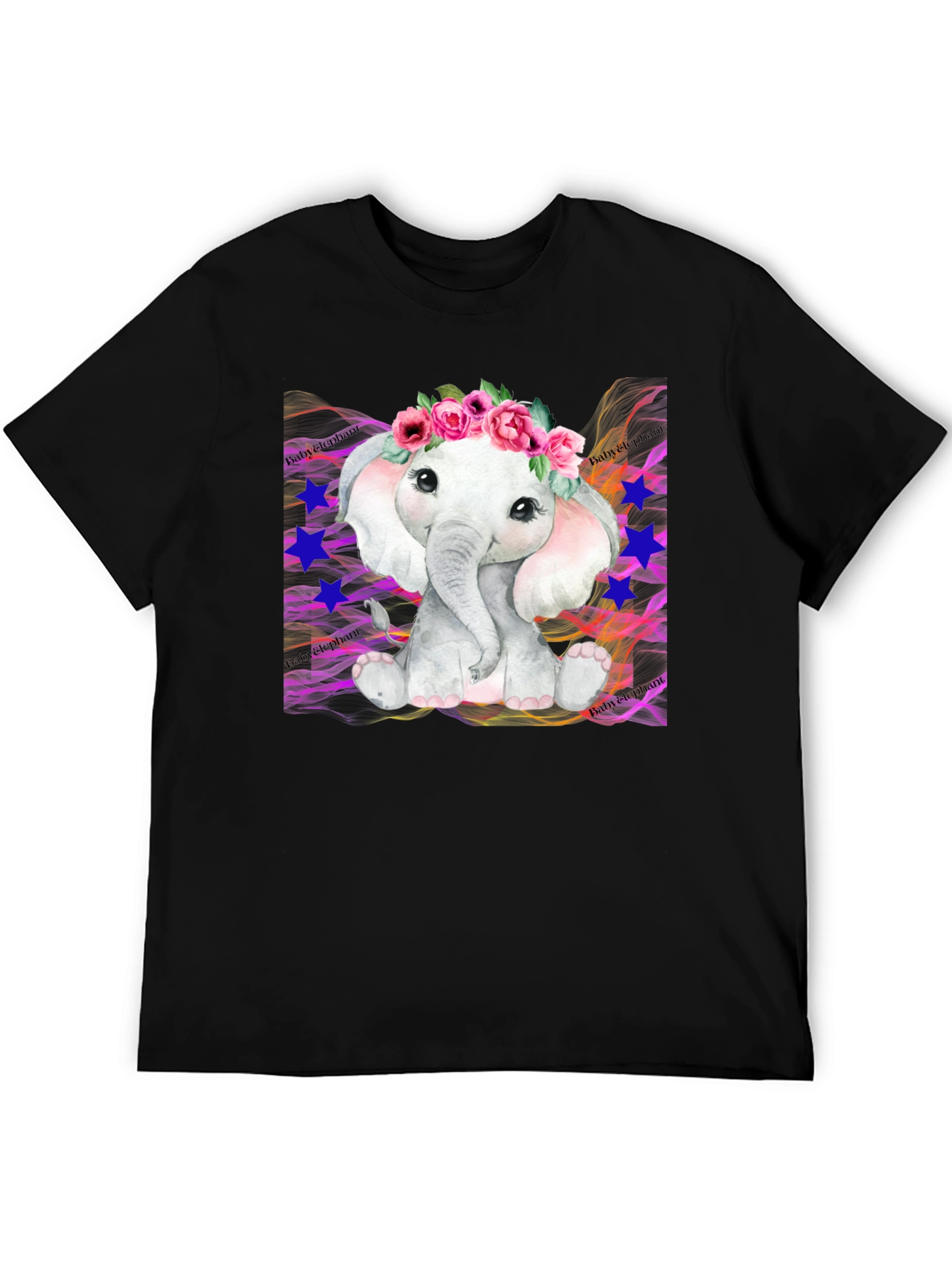 Cute Baby Elephant Floral Wreath Black T-Shirt