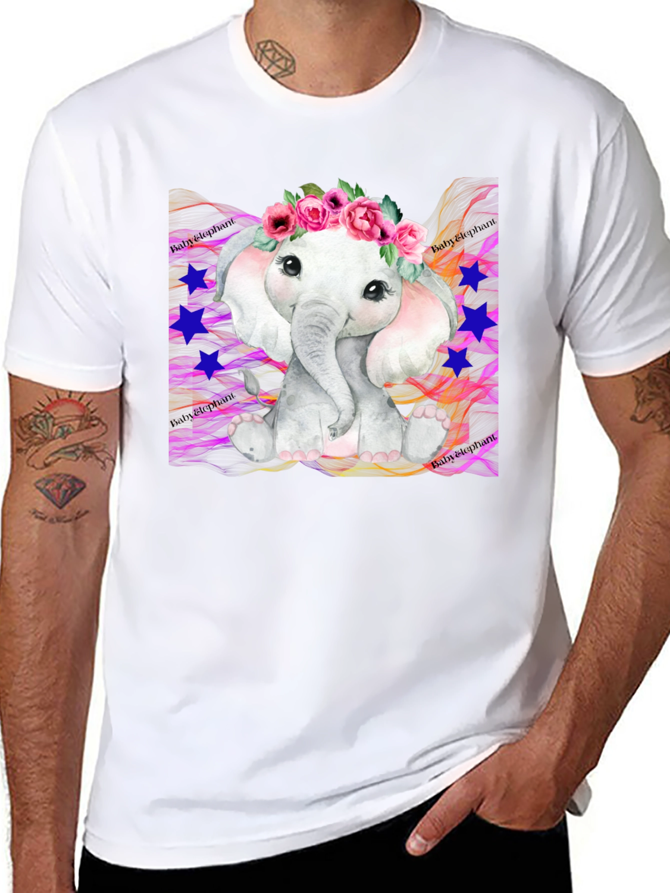 Cute Baby Elephant Floral Wreath Black T-Shirt