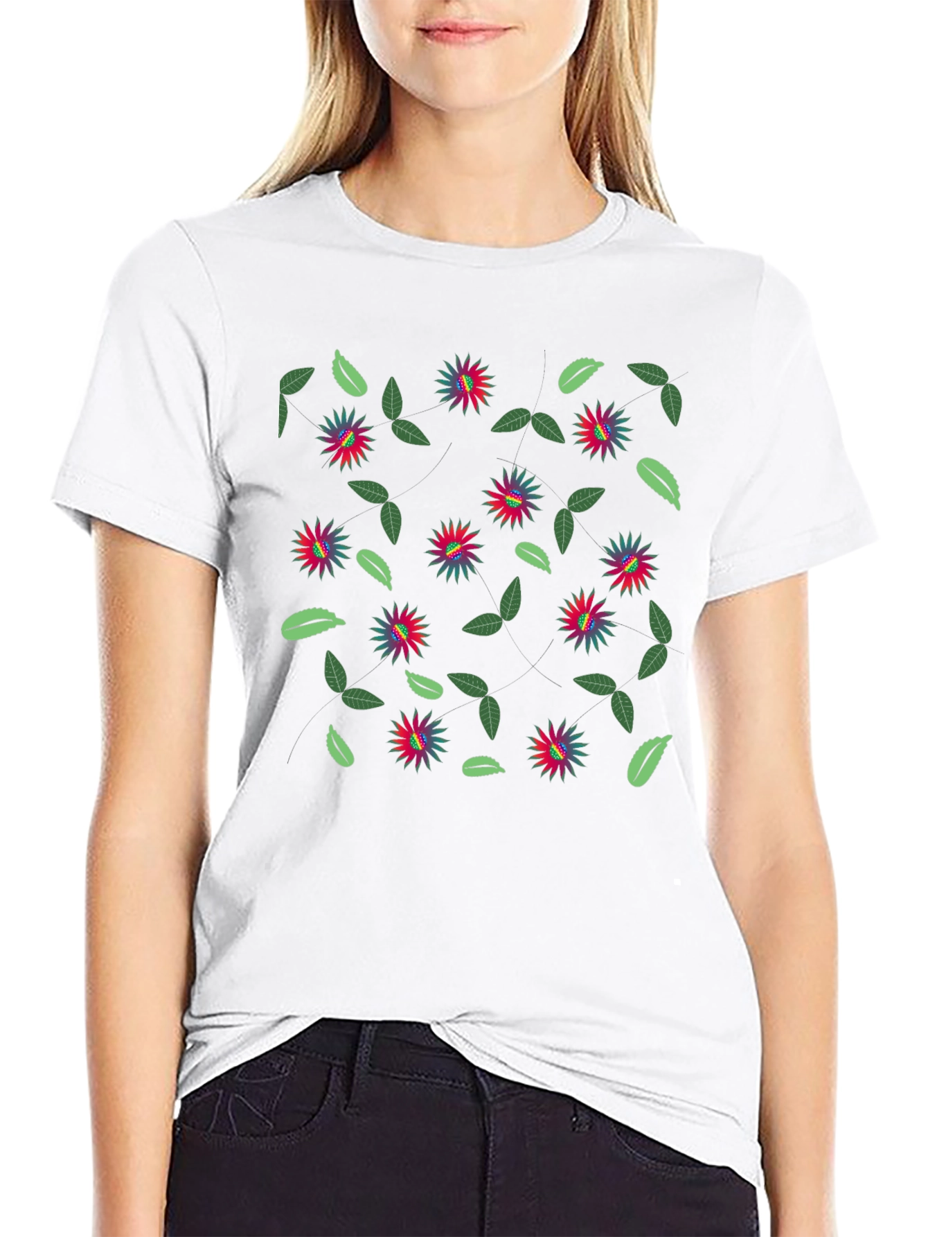 Floral Patterned Black Crew Neck T-Shirt