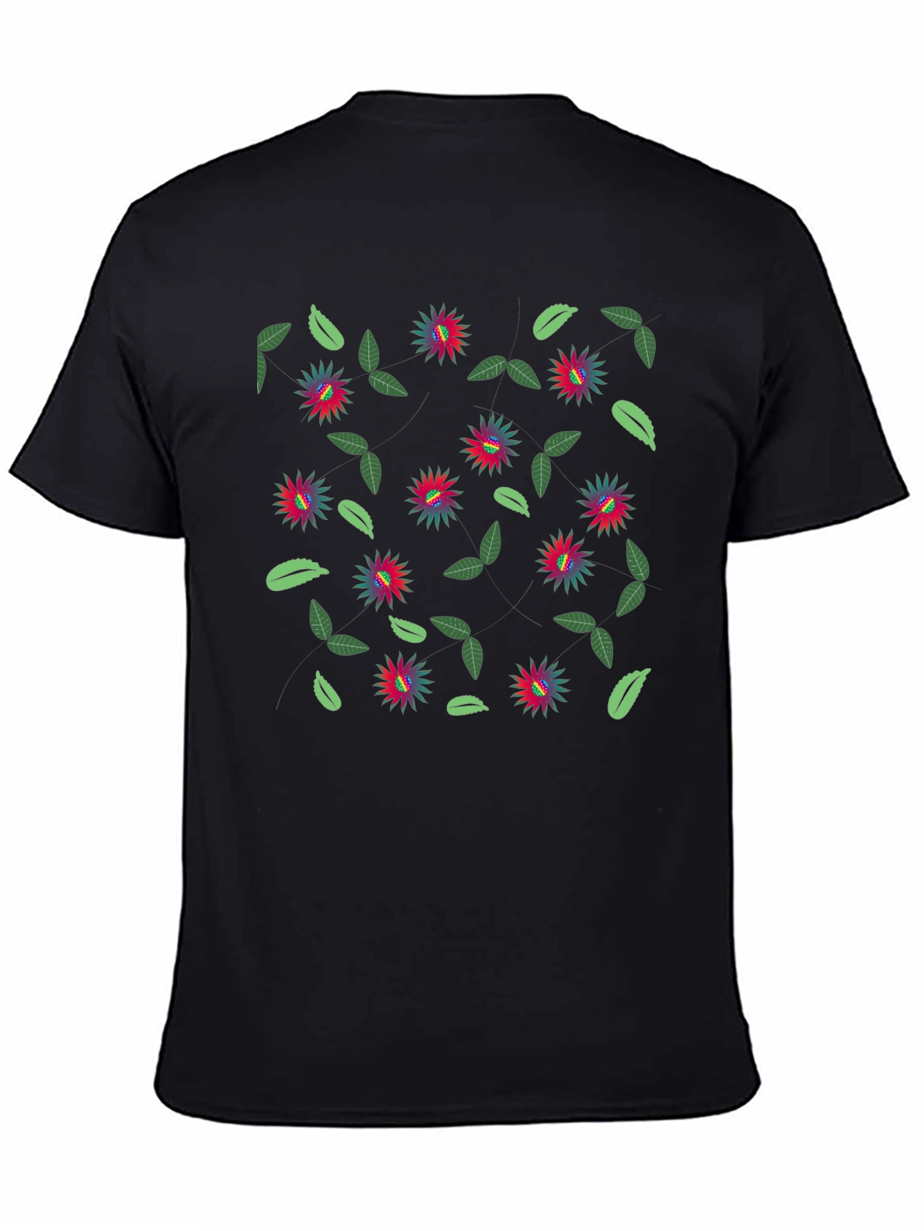 Floral Patterned Black Crew Neck T-Shirt
