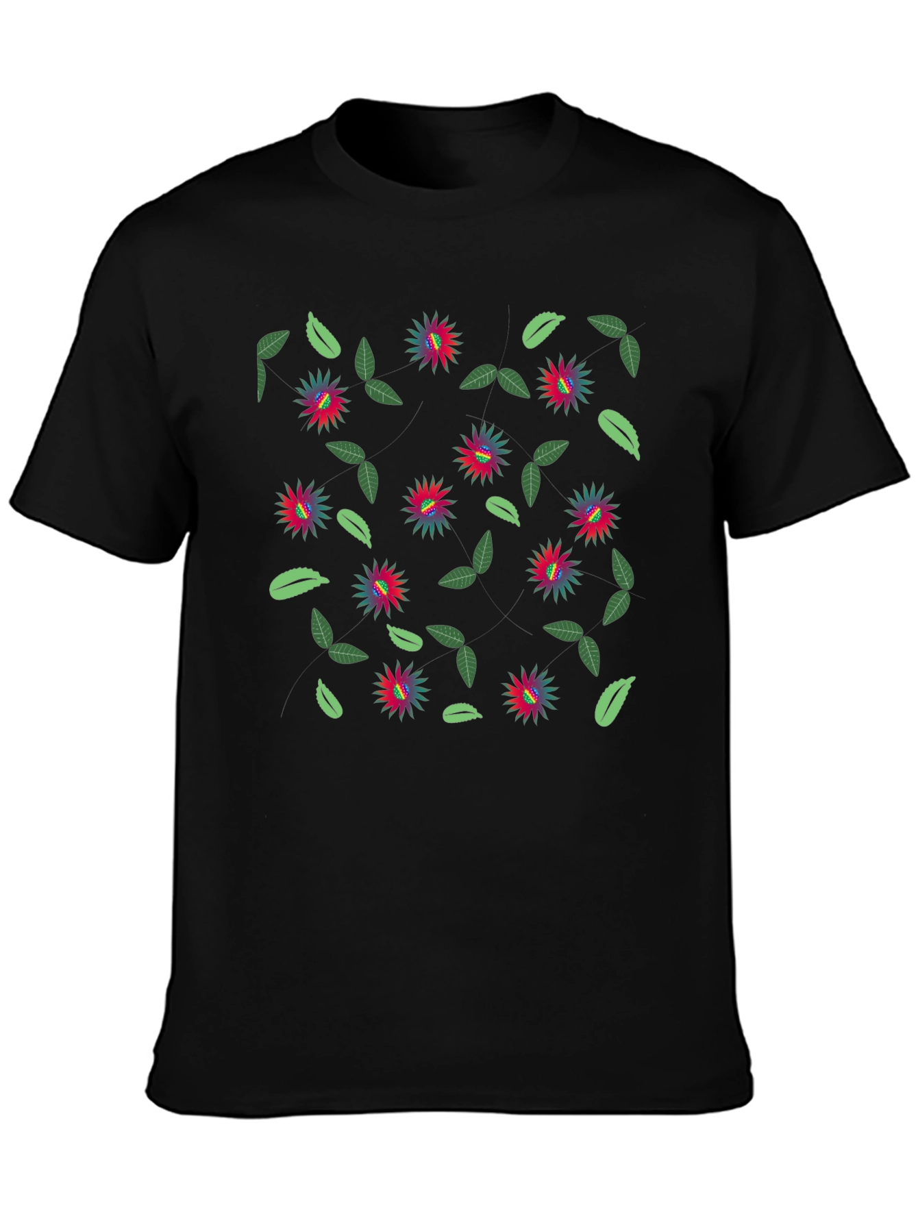 Floral Patterned Black Crew Neck T-Shirt