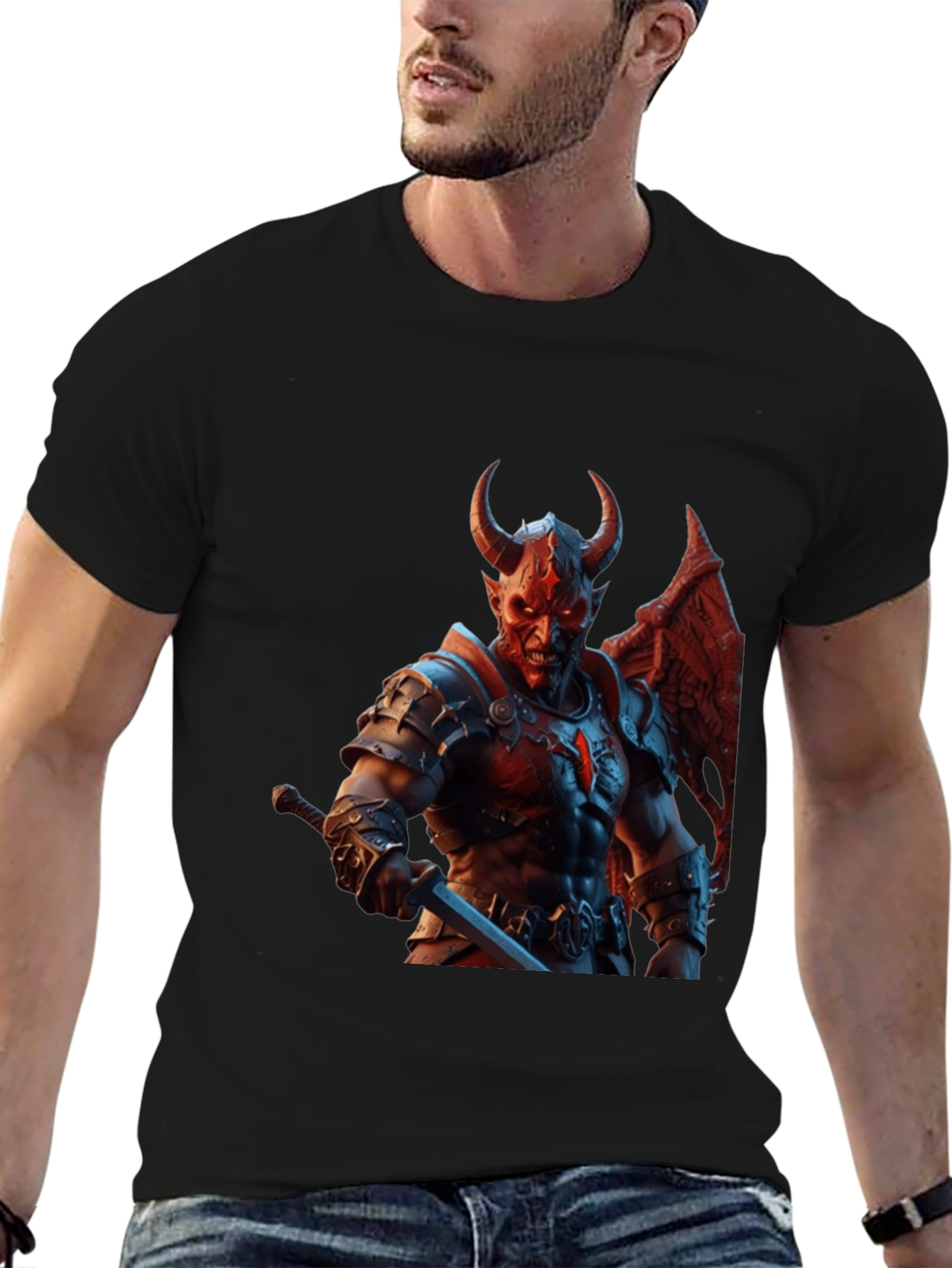 Demon Warrior Graphic Tee - Black Cotton T-Shirt