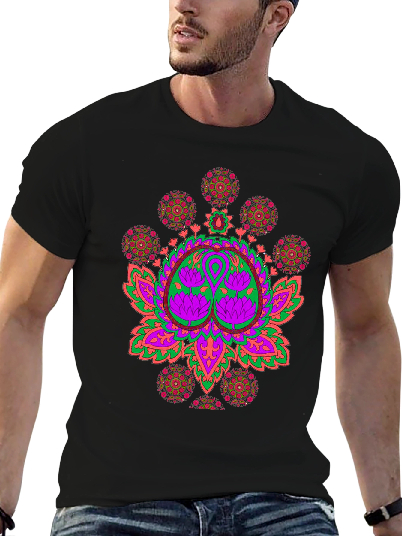 Vibrant Lotus Mandala Graphic Black T-Shirt