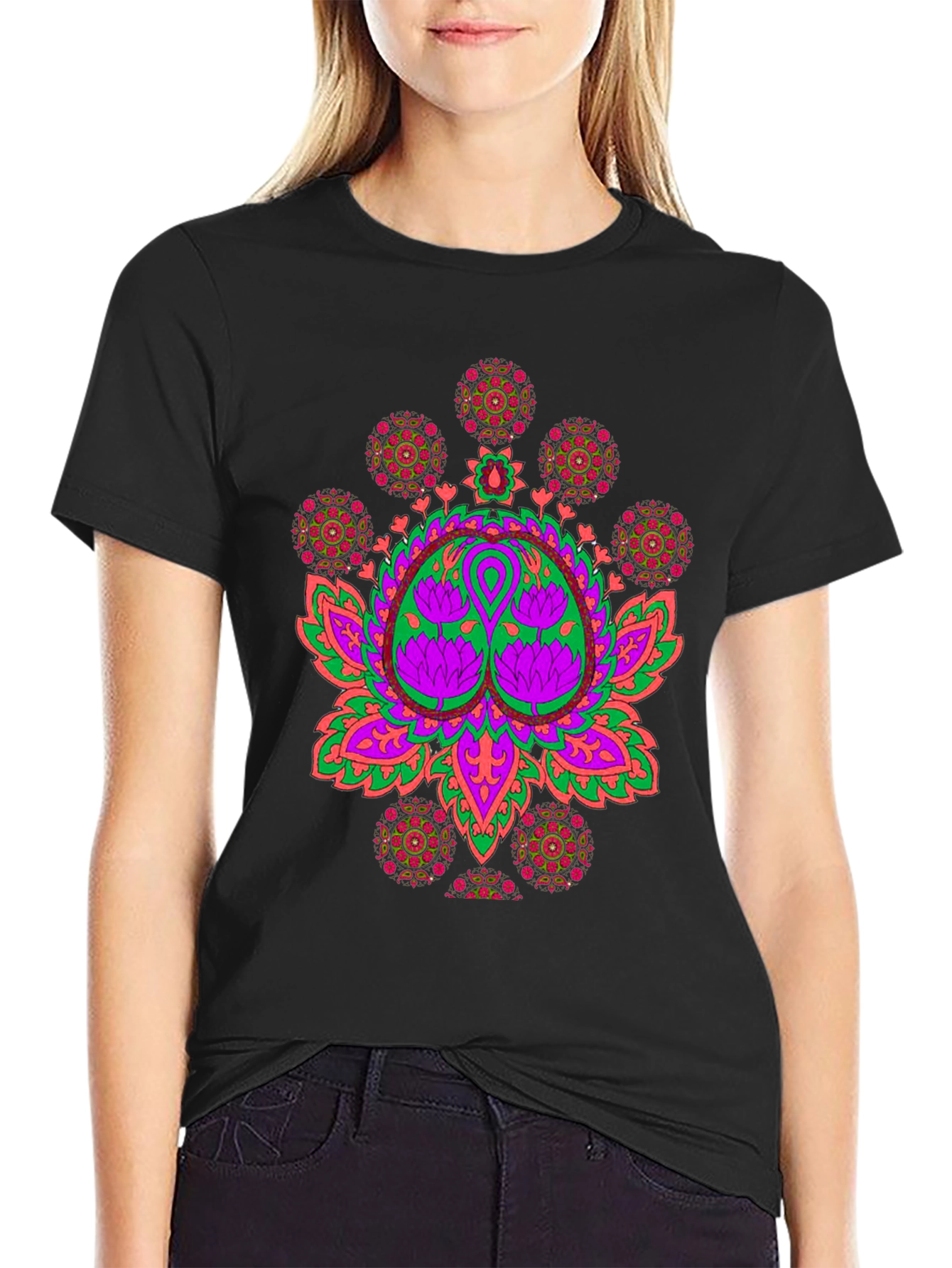 Vibrant Lotus Mandala Graphic Black T-Shirt