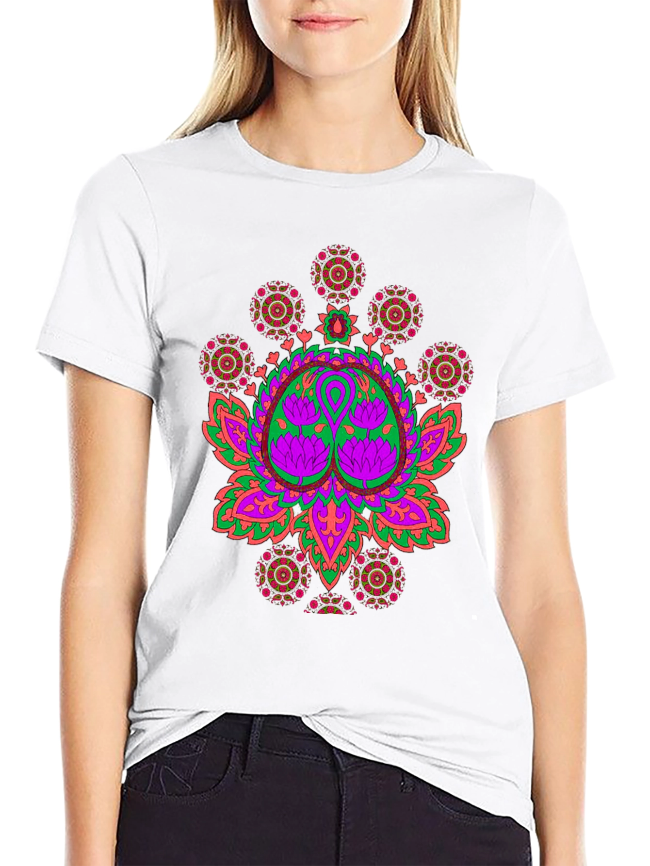 Vibrant Lotus Mandala Graphic Black T-Shirt