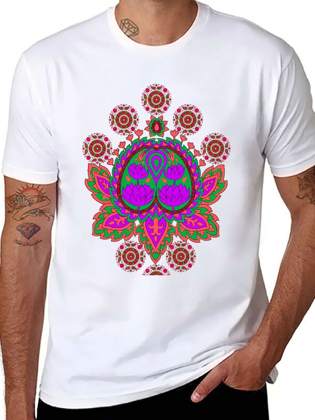 Vibrant Lotus Mandala Graphic Black T-Shirt