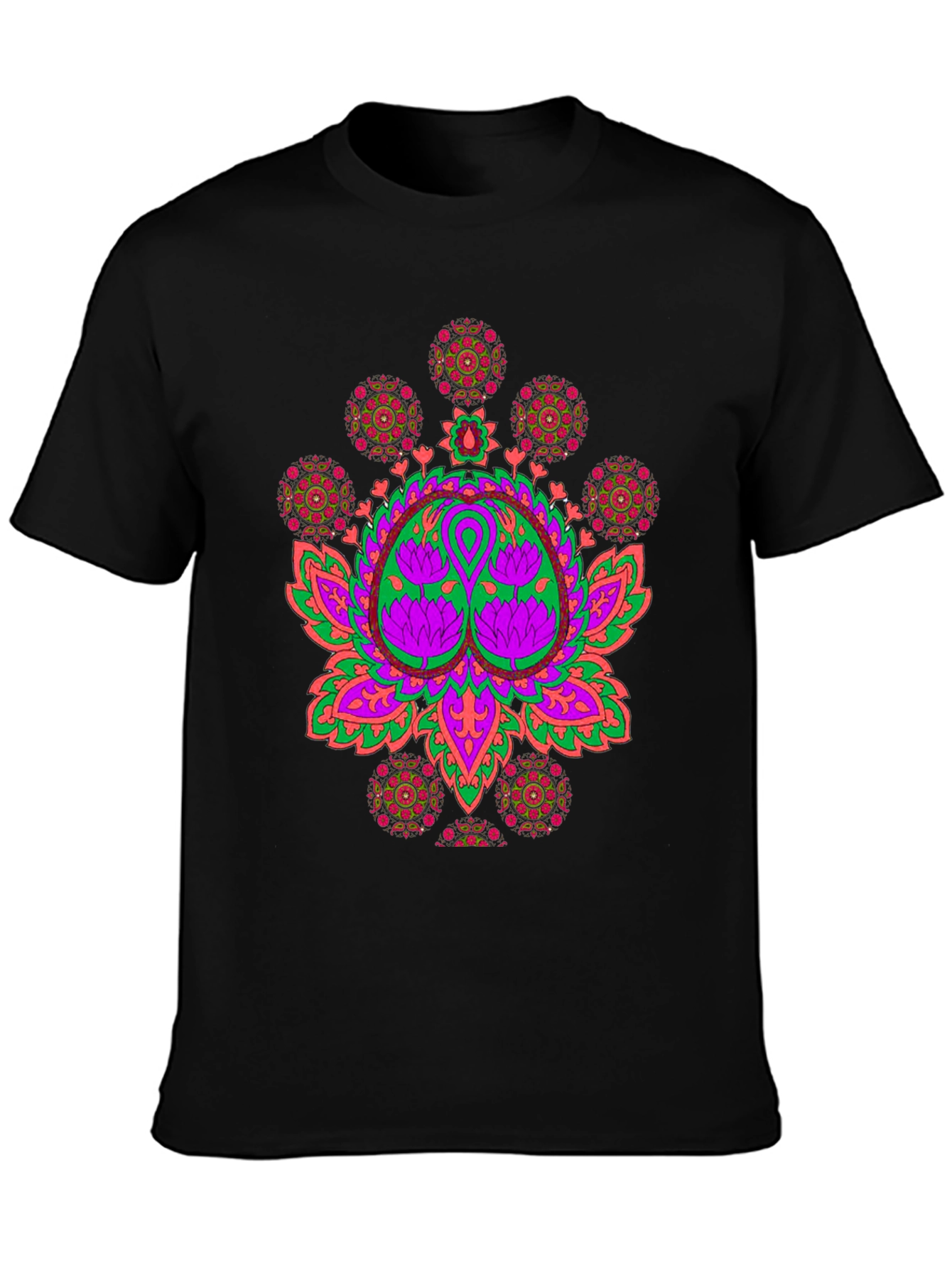 Vibrant Lotus Mandala Graphic Black T-Shirt