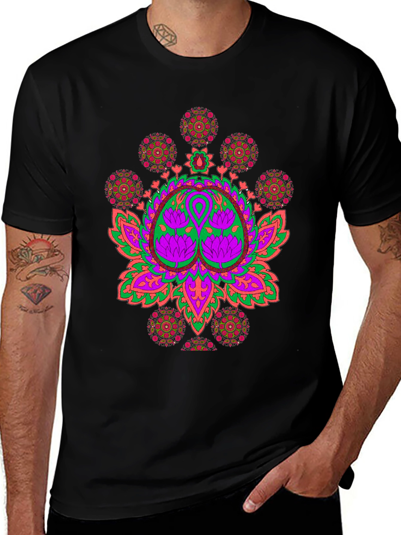 Vibrant Lotus Mandala Graphic Black T-Shirt