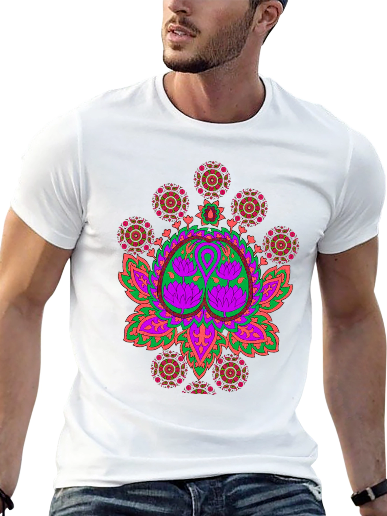 Vibrant Lotus Mandala Graphic Black T-Shirt