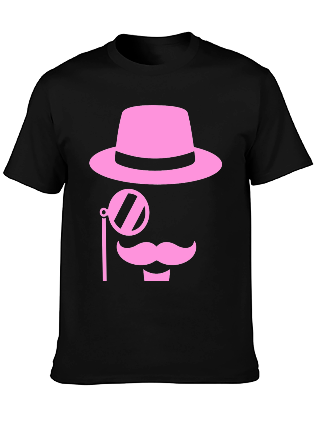 Pink Mustache Hat Monocle Black T-Shirt