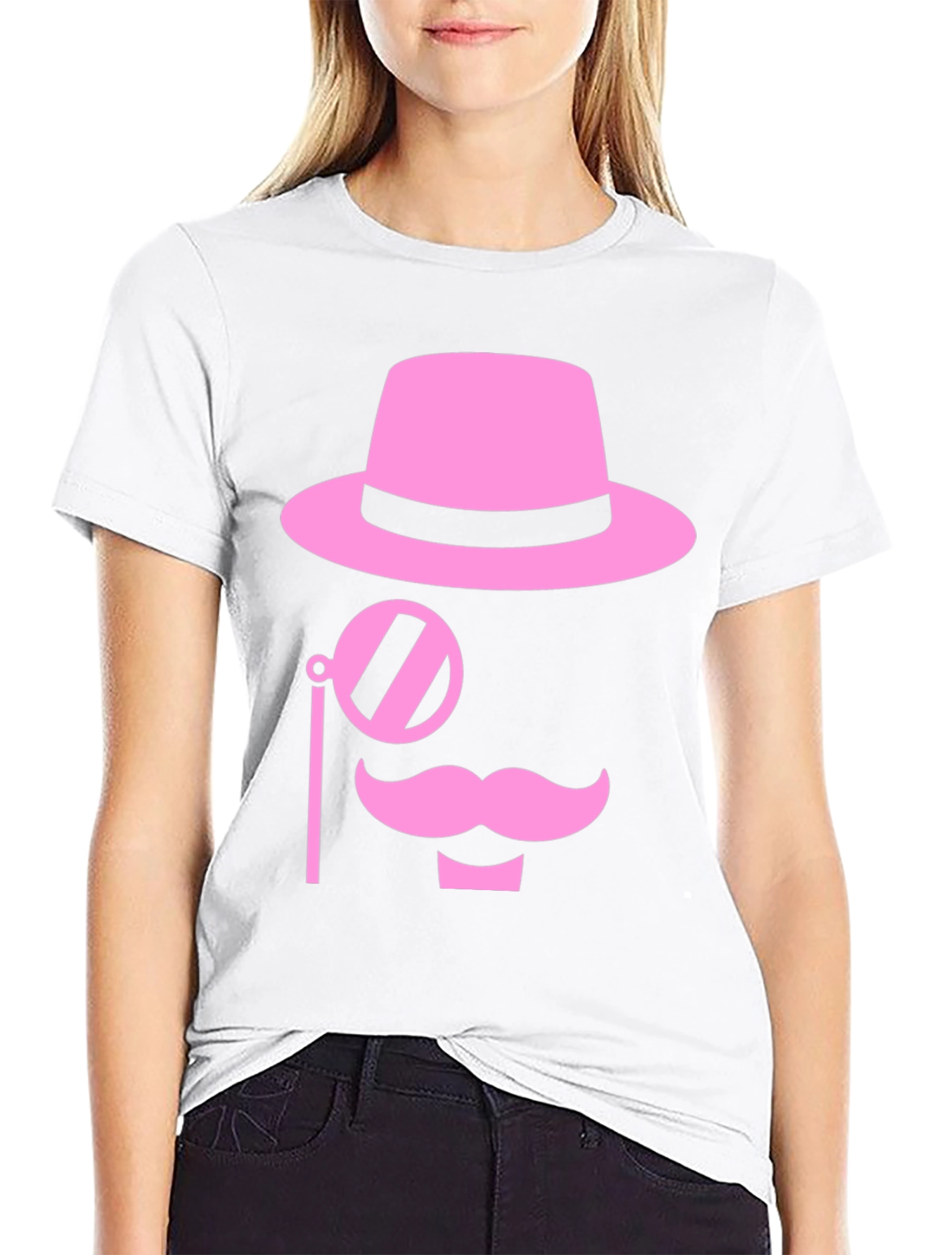 Pink Mustache Hat Monocle Black T-Shirt