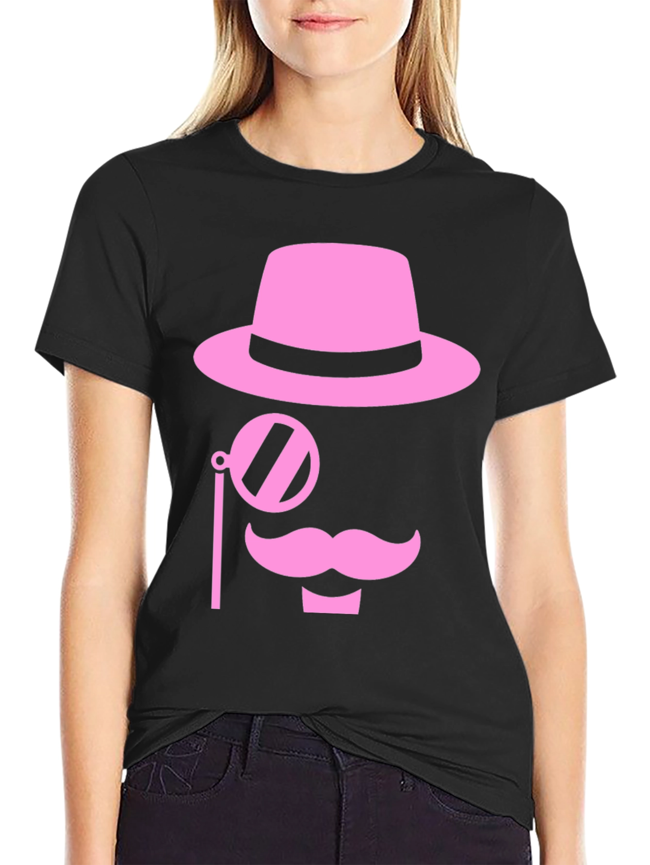 Pink Mustache Hat Monocle Black T-Shirt