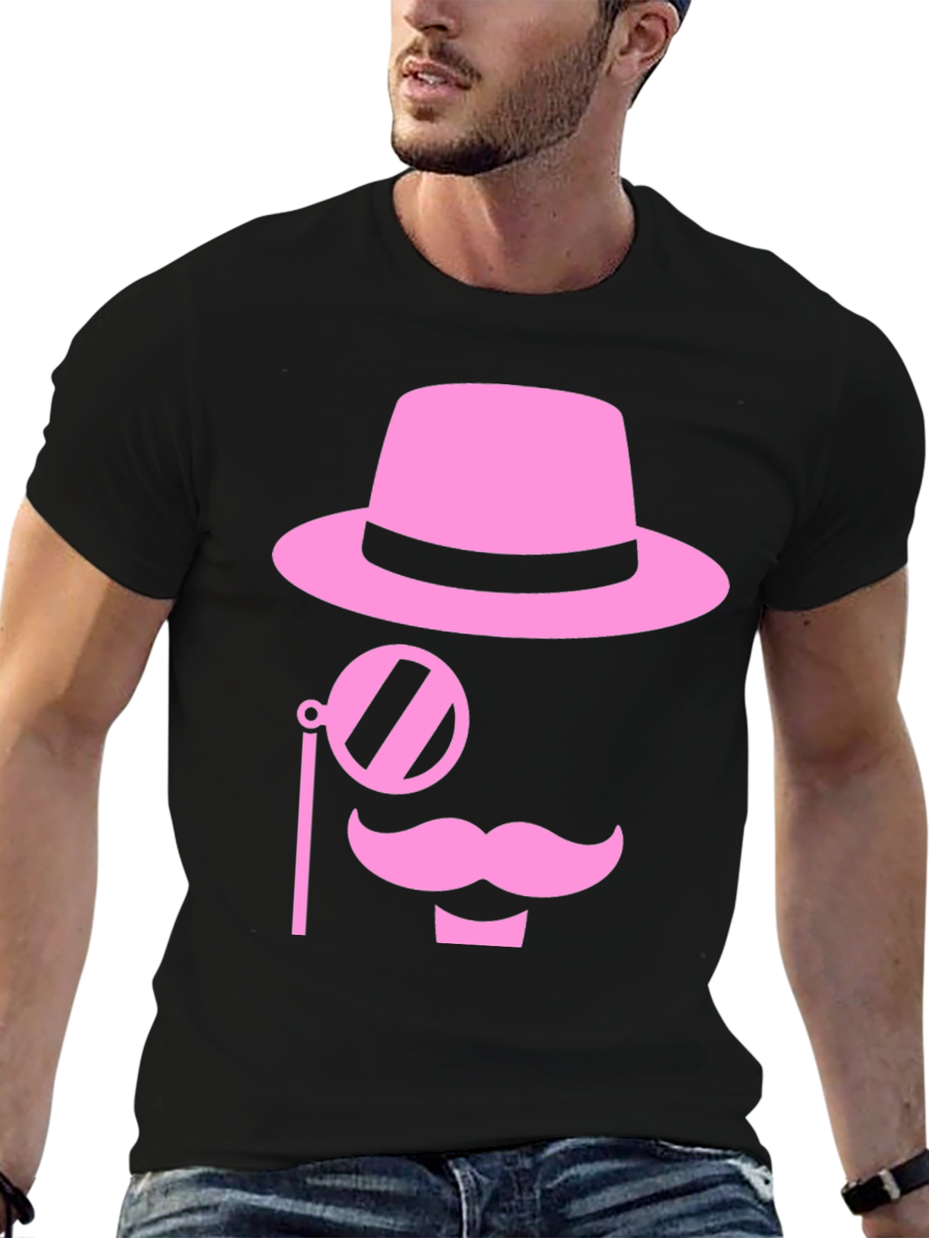 Pink Mustache Hat Monocle Black T-Shirt