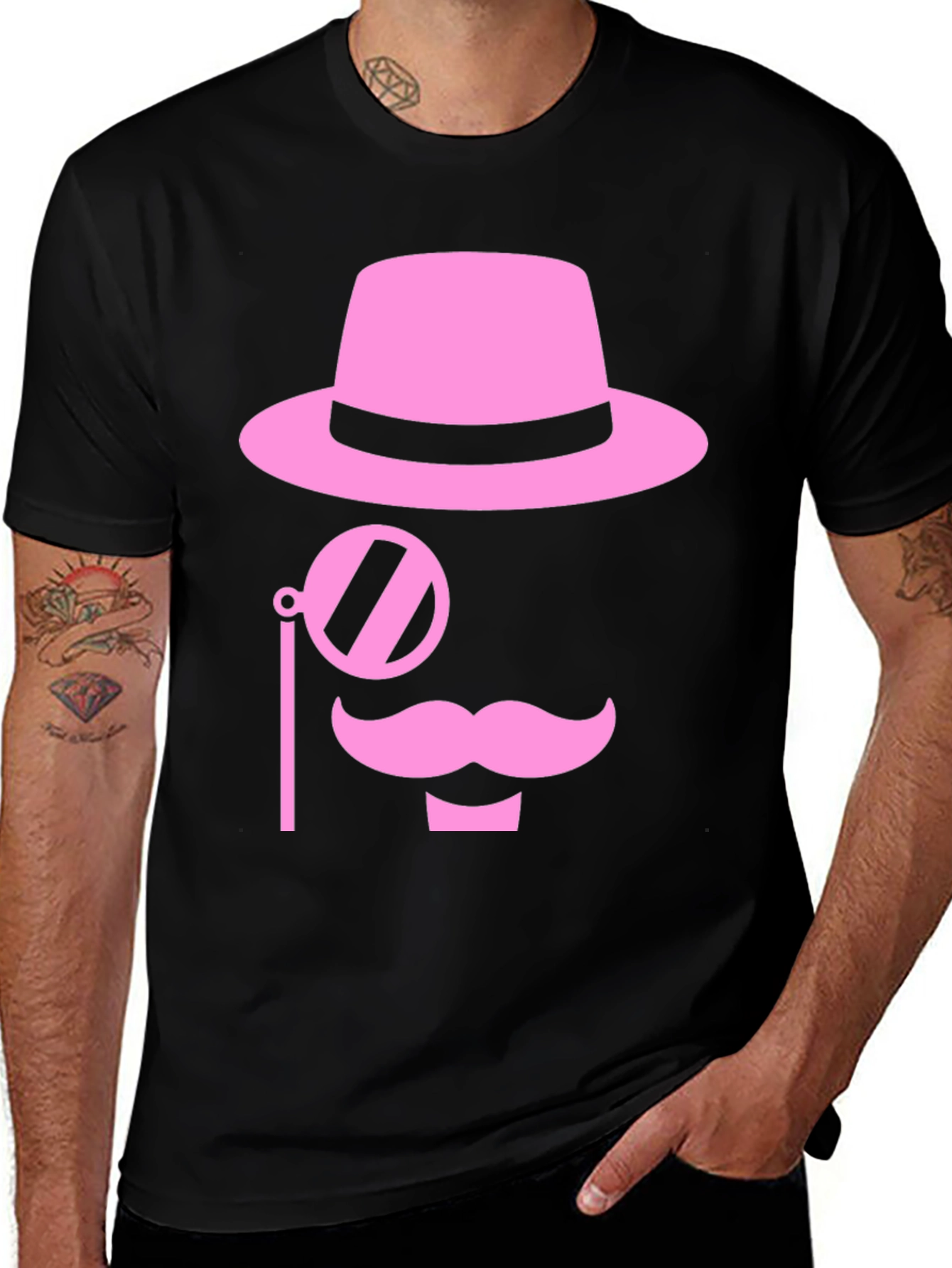 Pink Mustache Hat Monocle Black T-Shirt