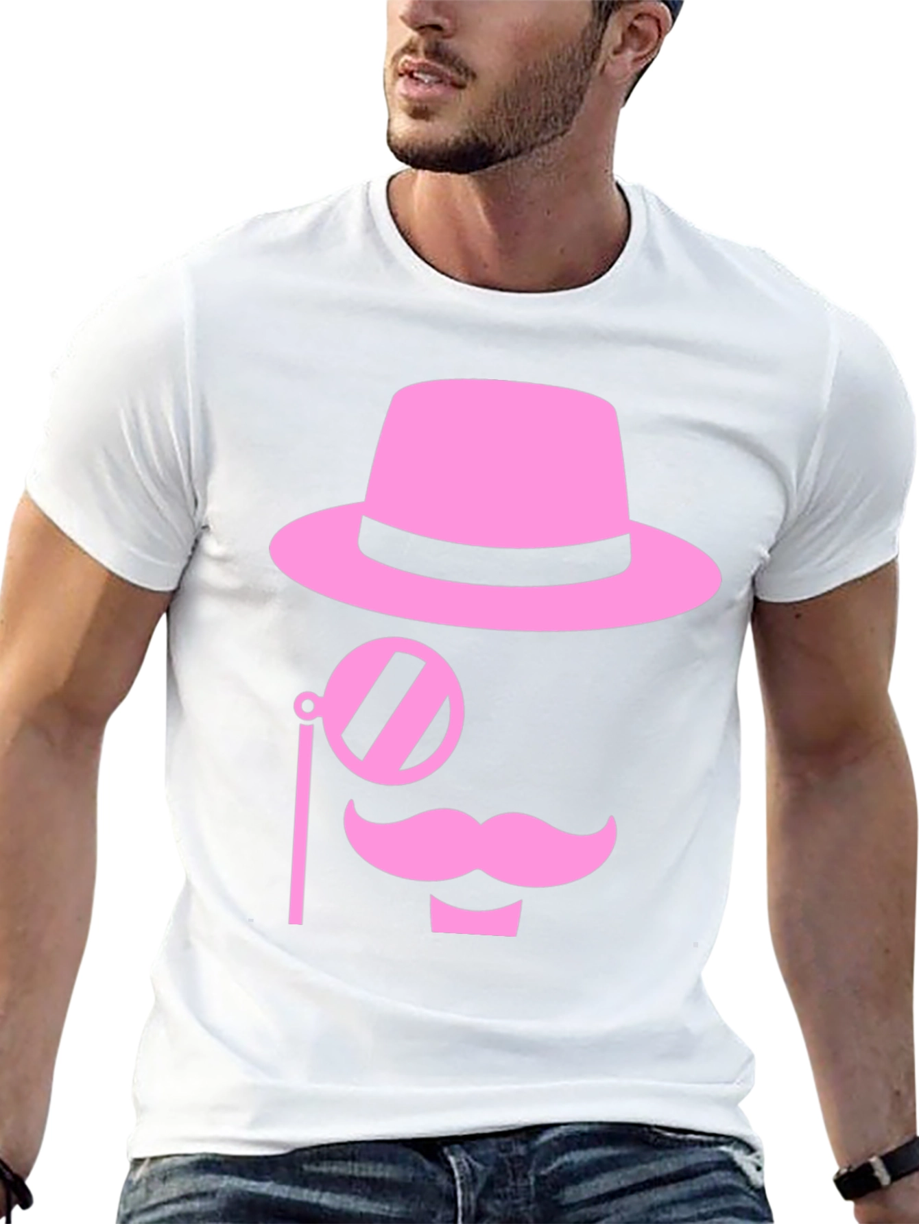 Pink Mustache Hat Monocle Black T-Shirt