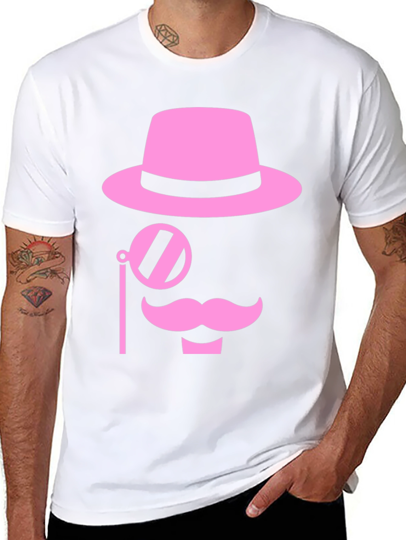 Pink Mustache Hat Monocle Black T-Shirt