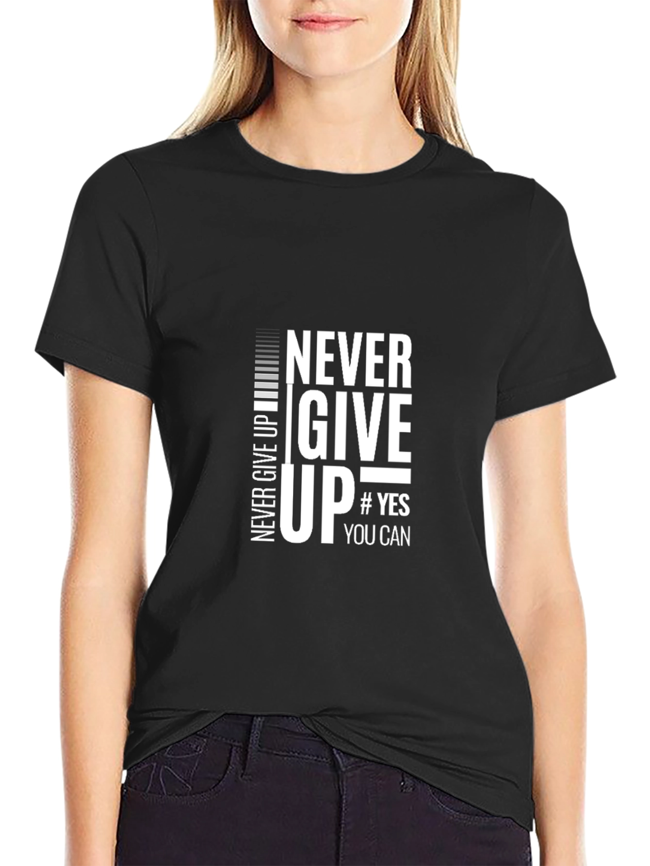 Never Give Up Motivational Black T-Shirt