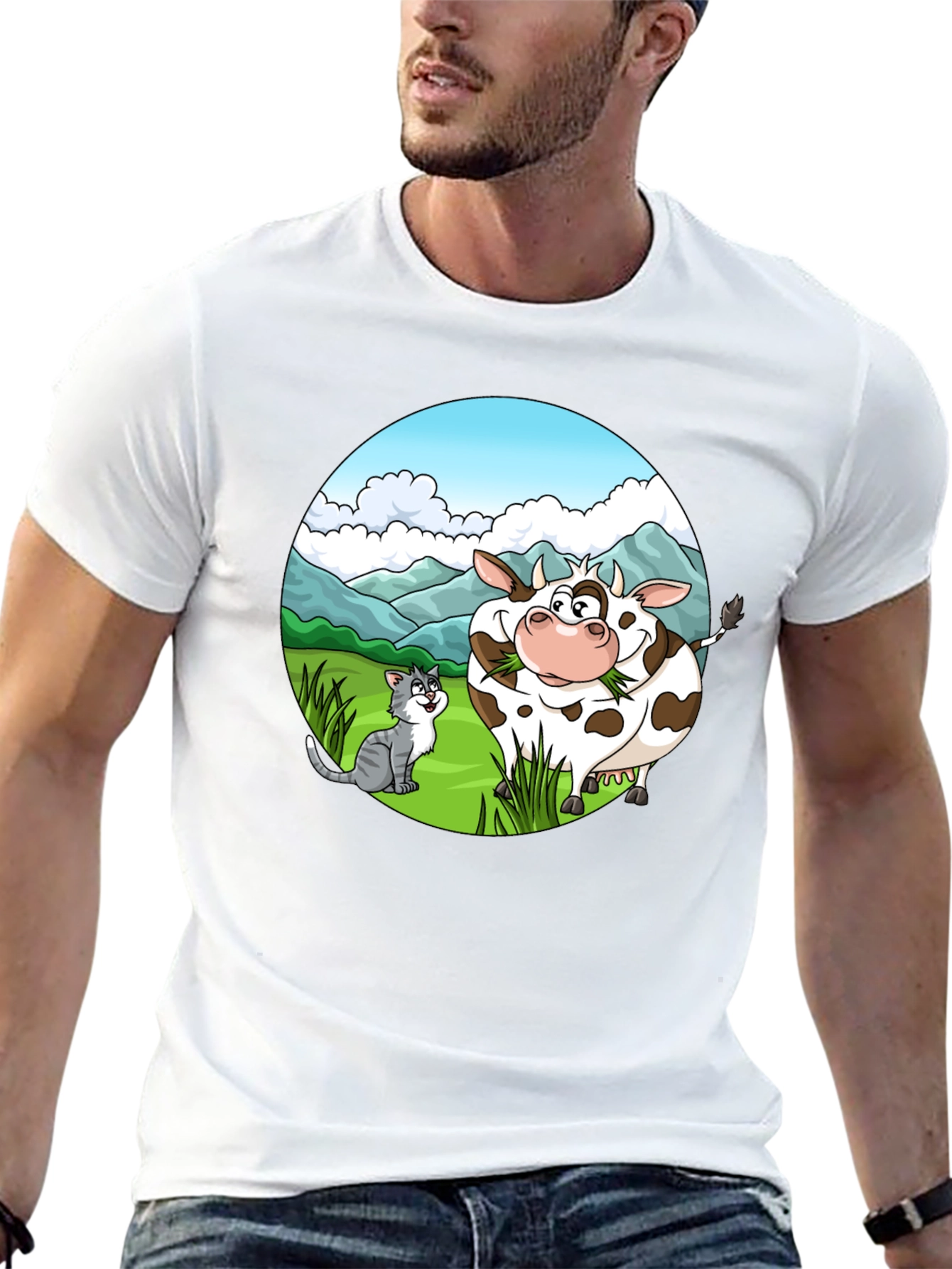 Cartoon Cow and Cat Graphic Black T-Shirt