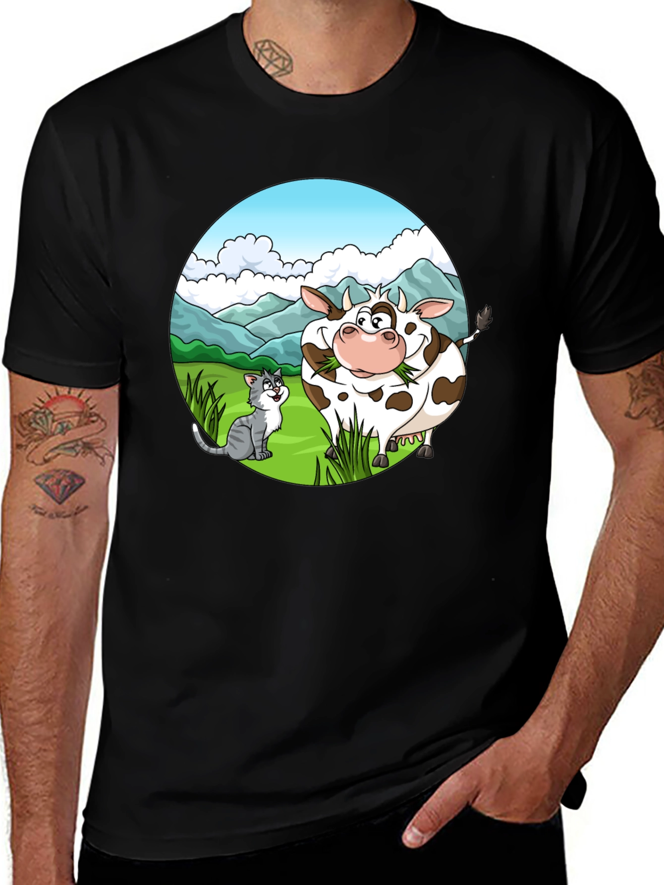 Cartoon Cow and Cat Graphic Black T-Shirt