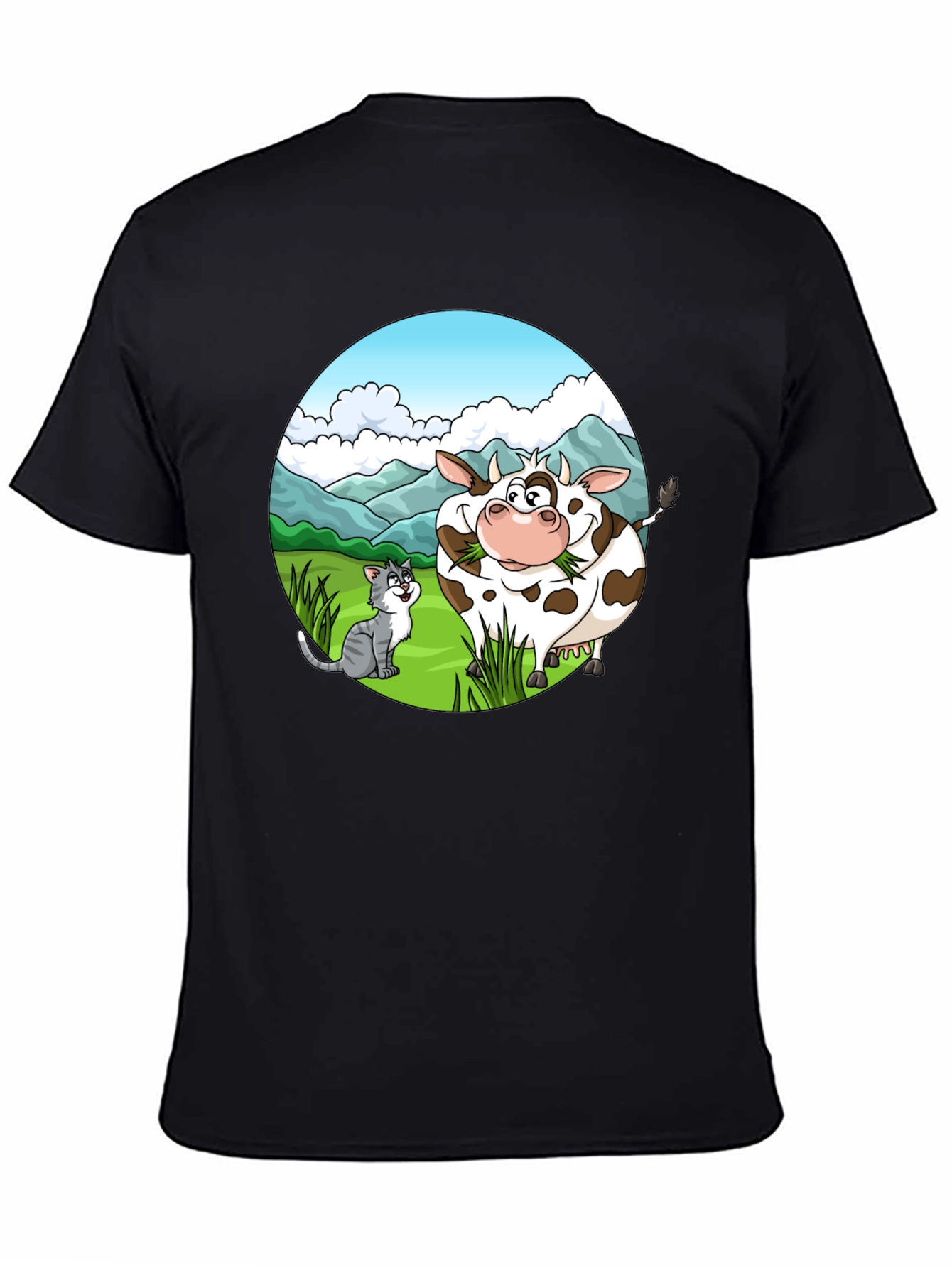 Cartoon Cow and Cat Graphic Black T-Shirt