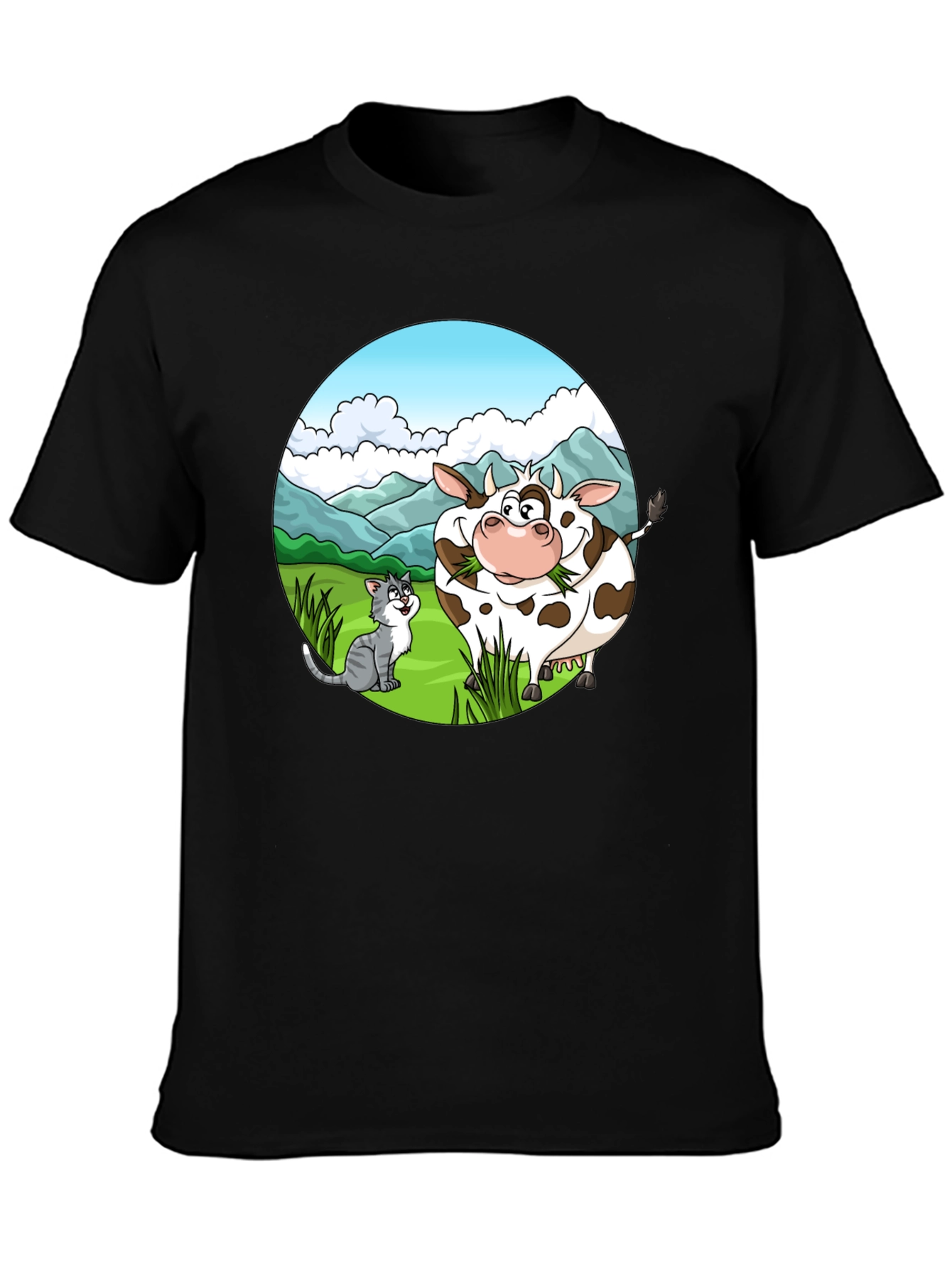 Cartoon Cow and Cat Graphic Black T-Shirt