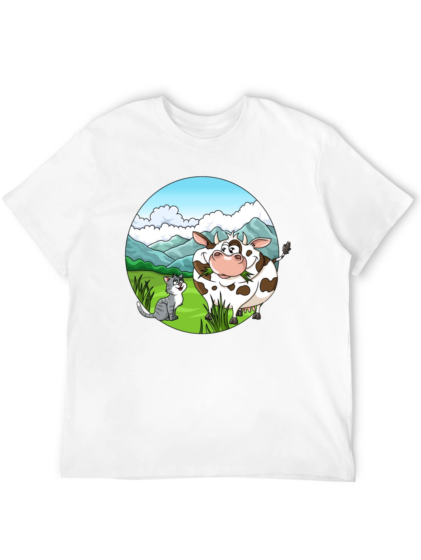 Cartoon Cow and Cat Graphic Black T-Shirt
