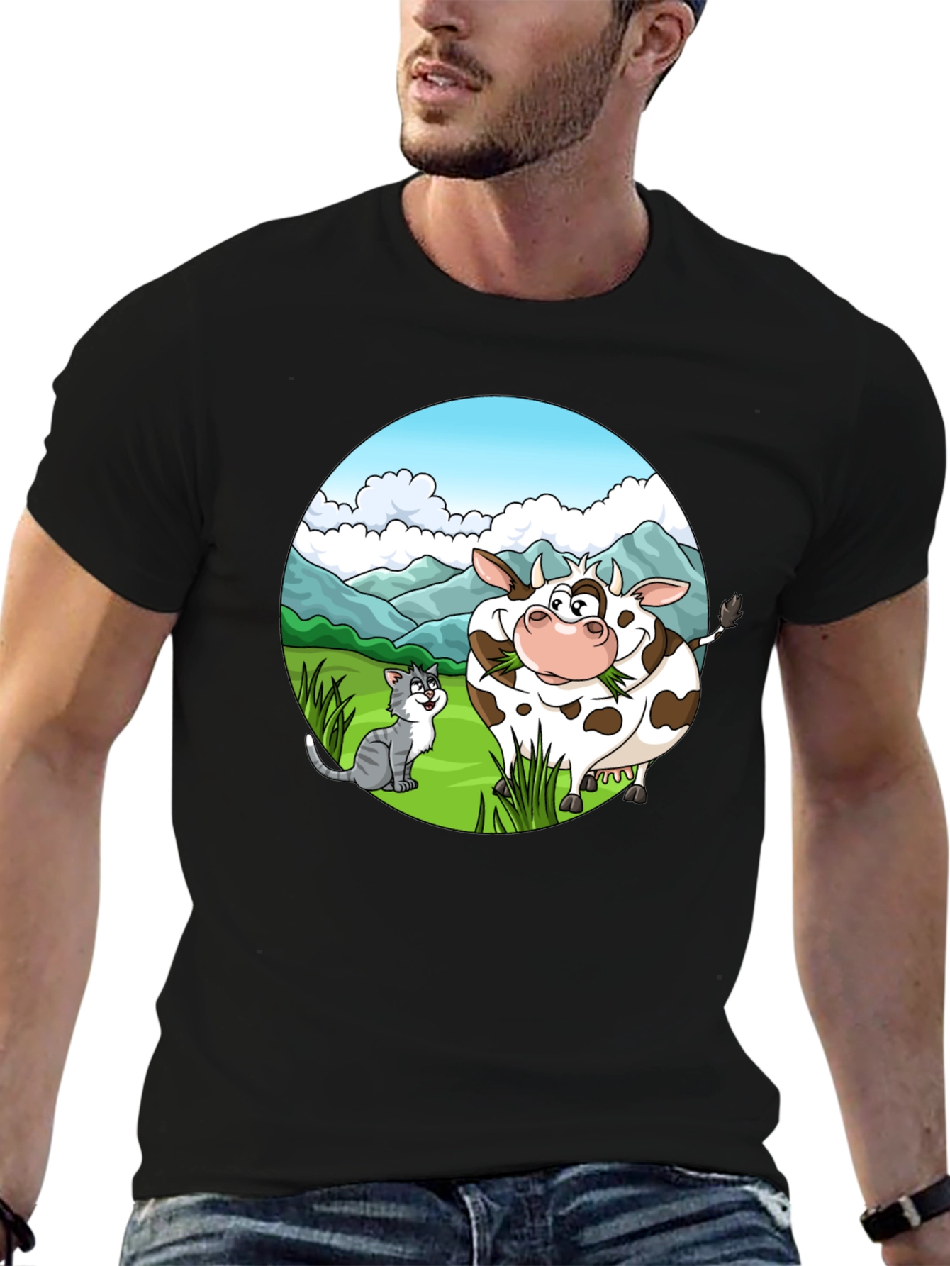 Cartoon Cow and Cat Graphic Black T-Shirt