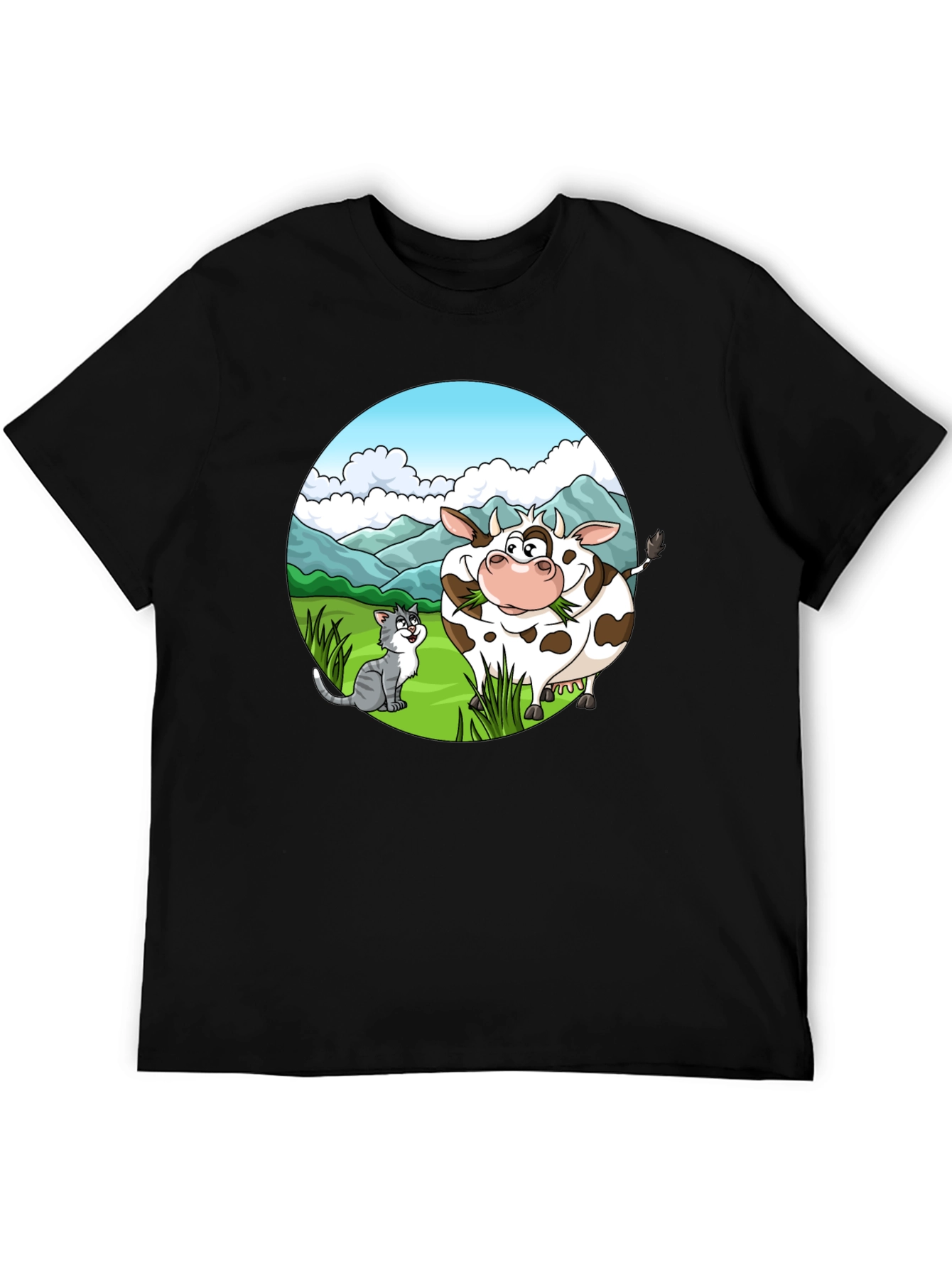Cartoon Cow and Cat Graphic Black T-Shirt