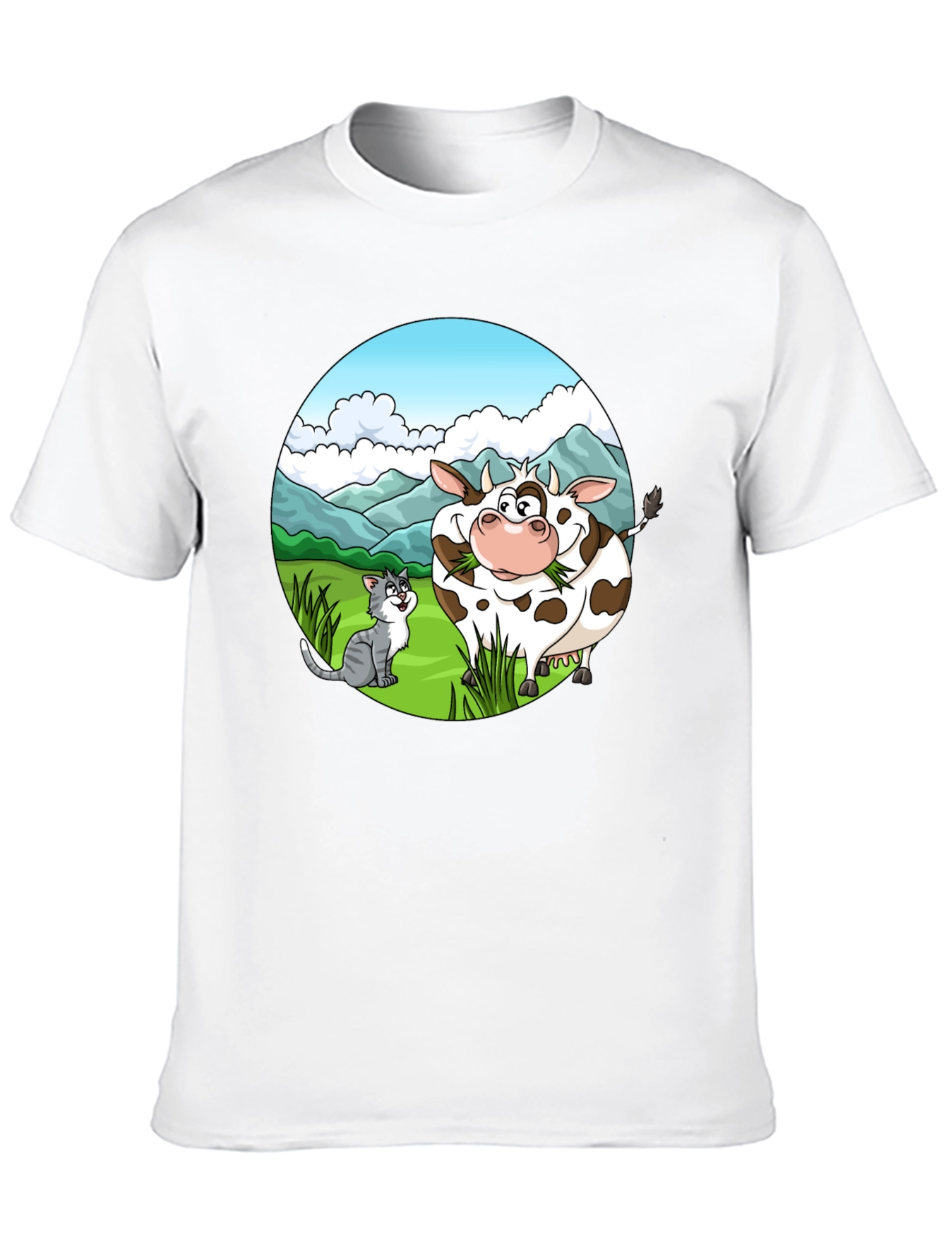 Cartoon Cow and Cat Graphic Black T-Shirt