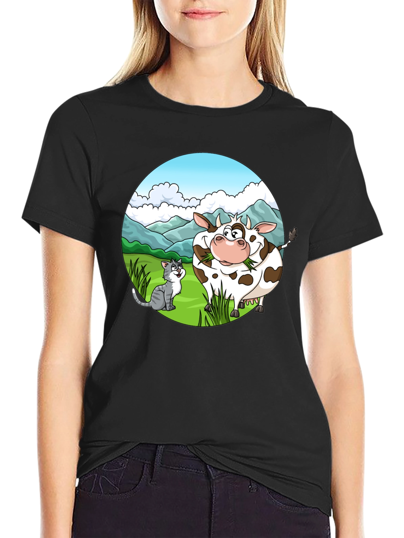 Cartoon Cow and Cat Graphic Black T-Shirt
