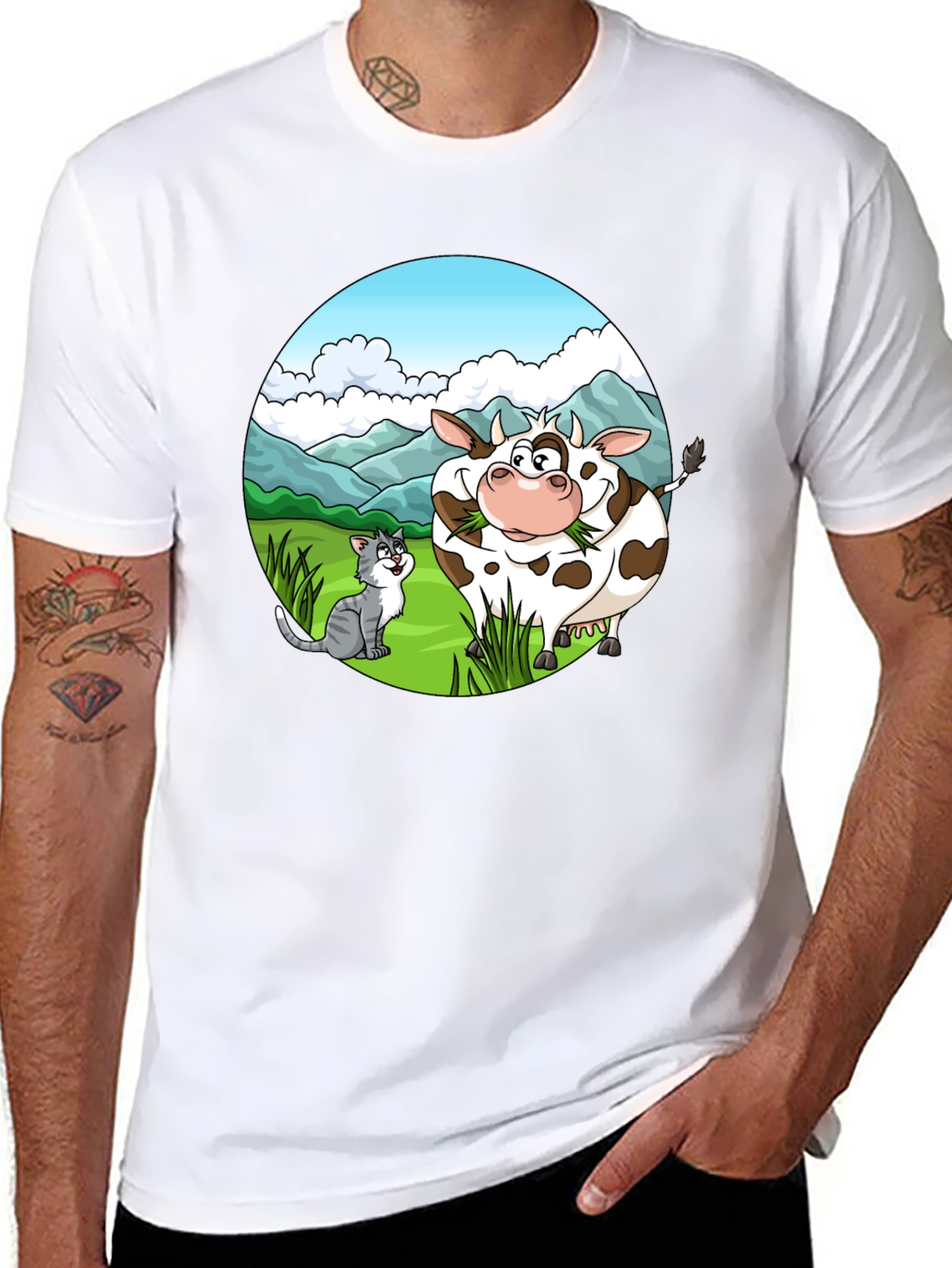 Cartoon Cow and Cat Graphic Black T-Shirt