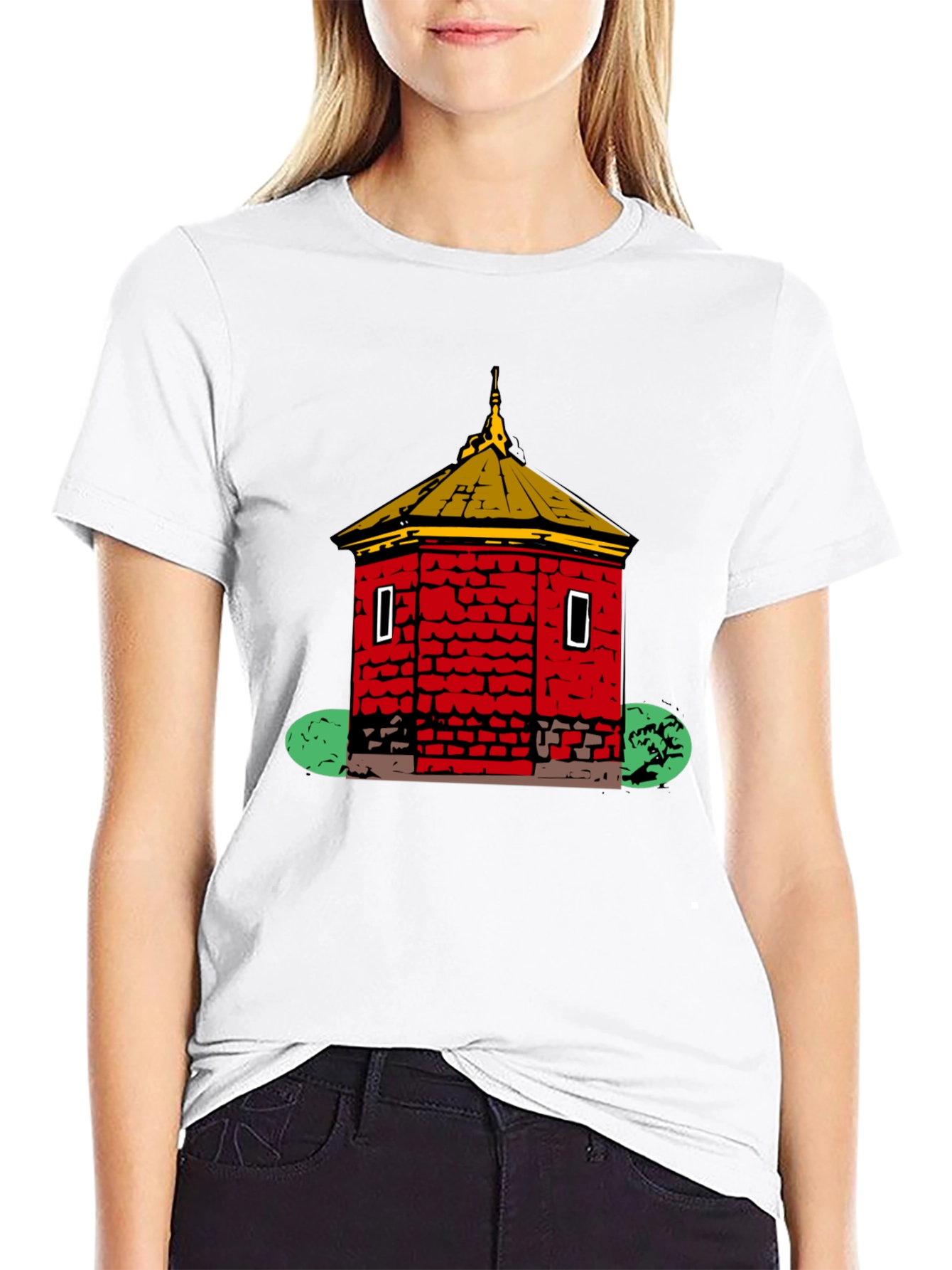Red Brick Building Graphic Black T-Shirt