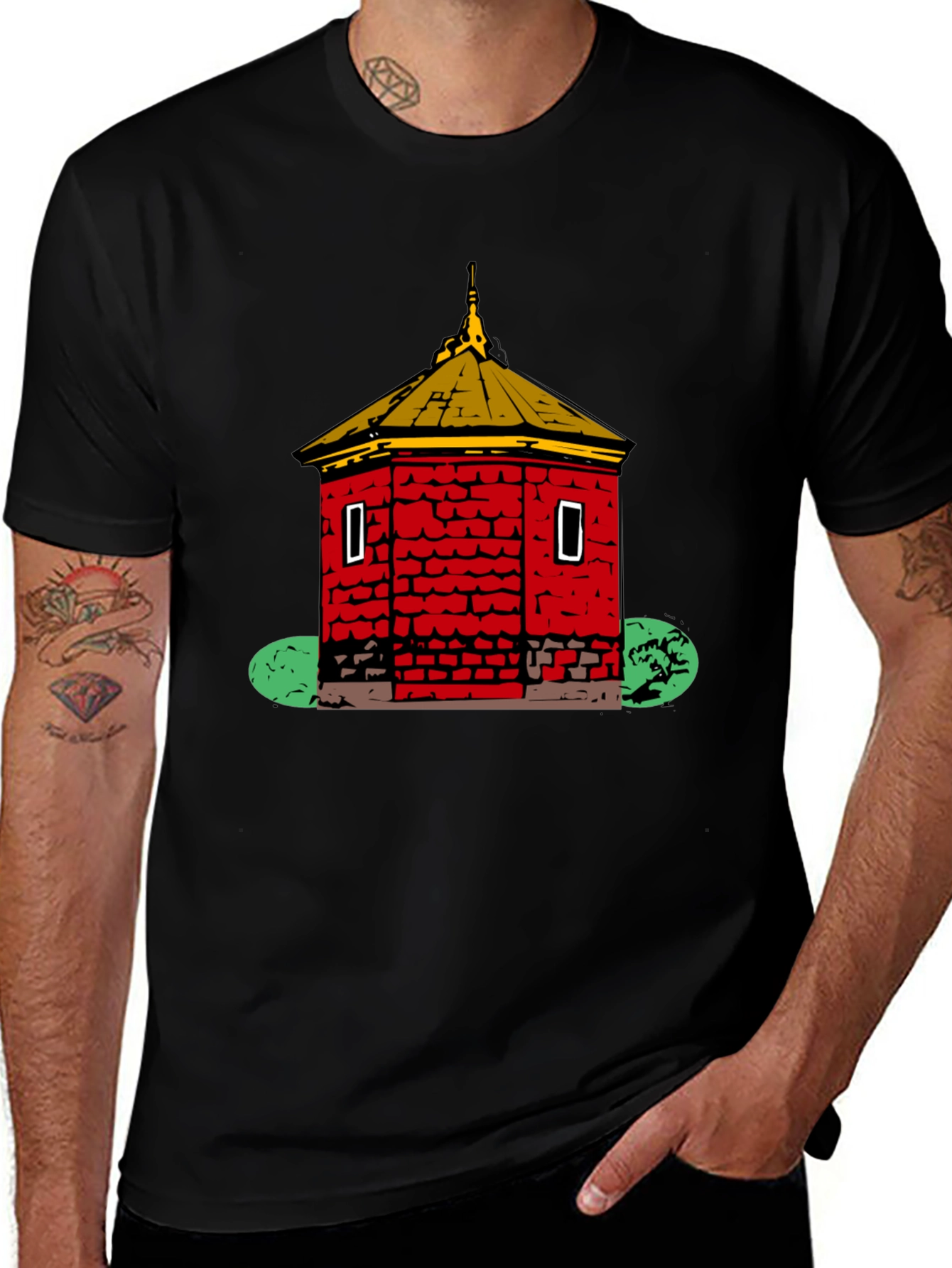 Red Brick Building Graphic Black T-Shirt