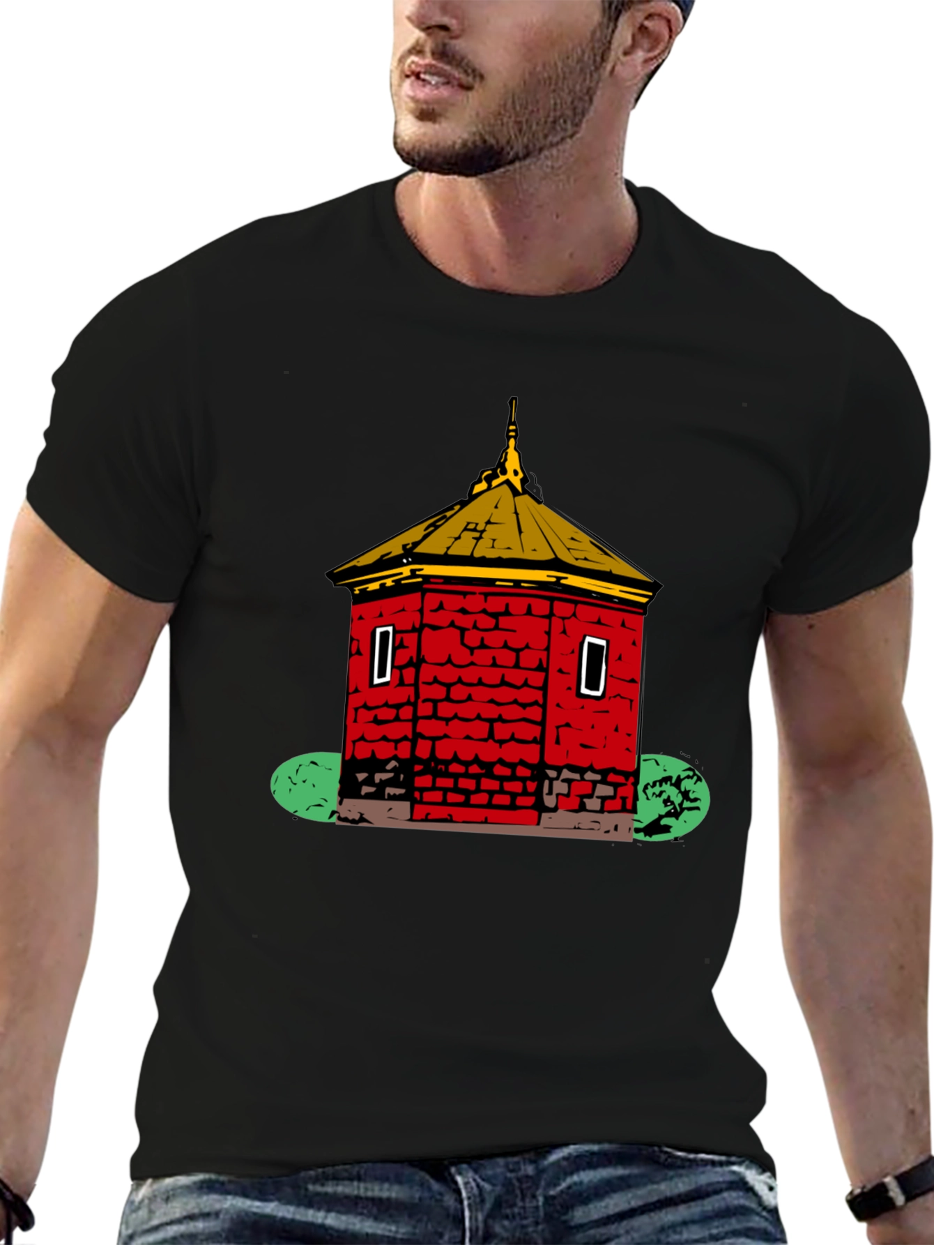 Red Brick Building Graphic Black T-Shirt
