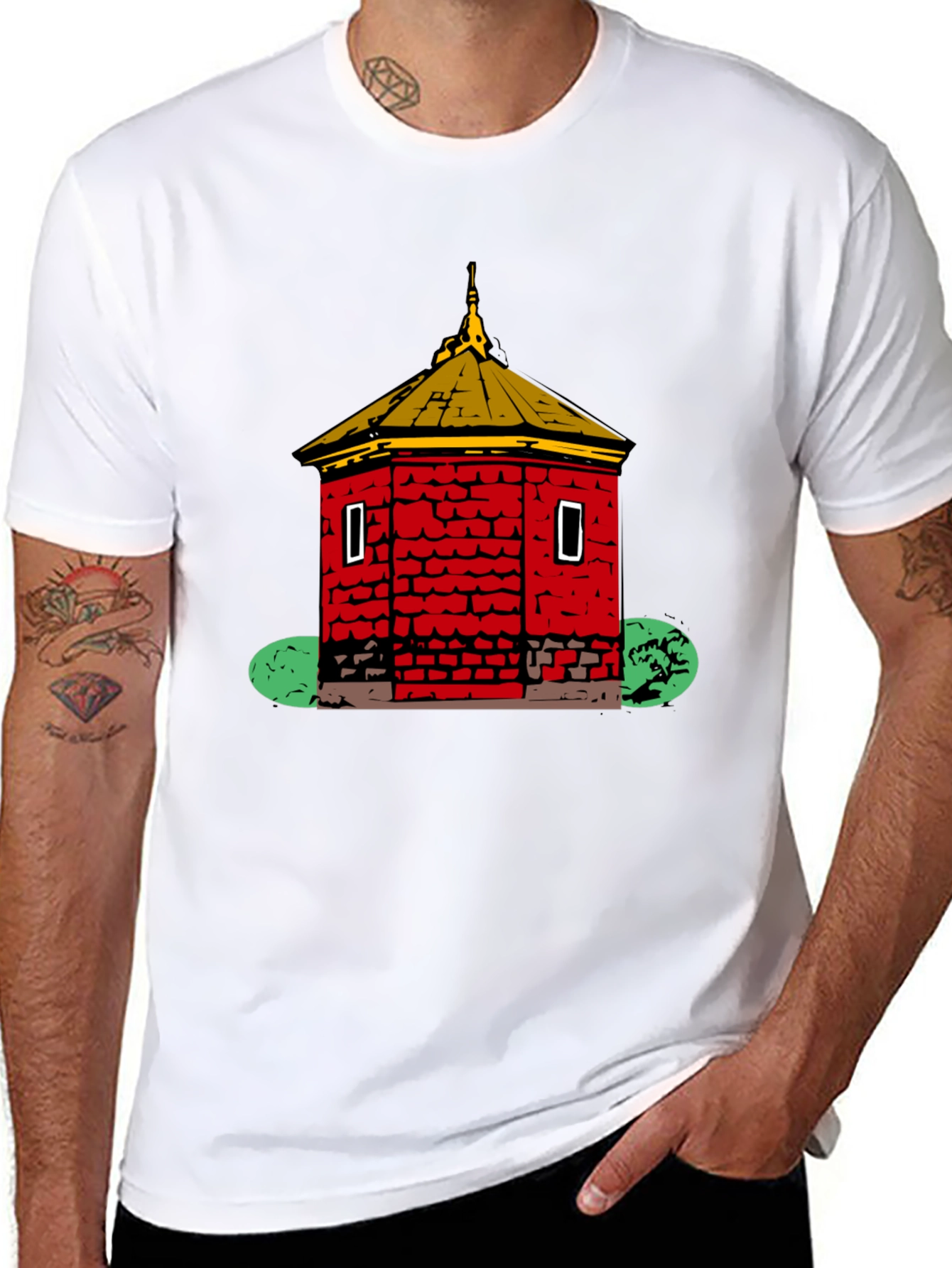 Red Brick Building Graphic Black T-Shirt