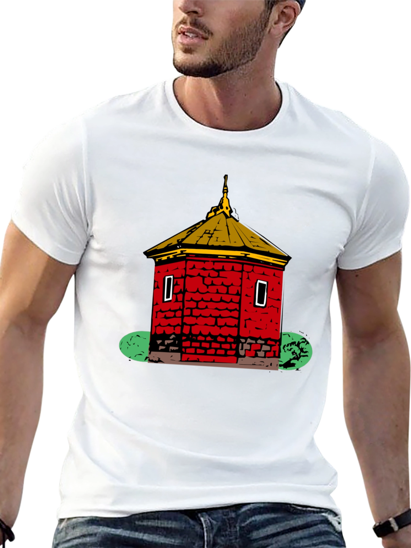 Red Brick Building Graphic Black T-Shirt