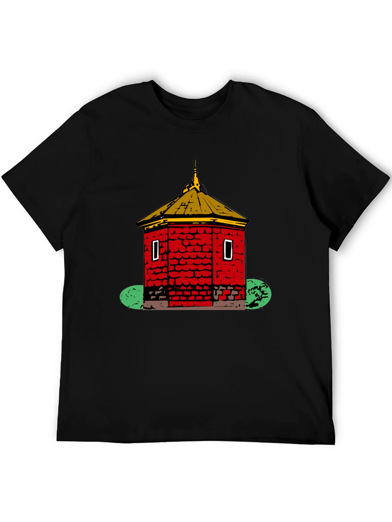 Red Brick Building Graphic Black T-Shirt